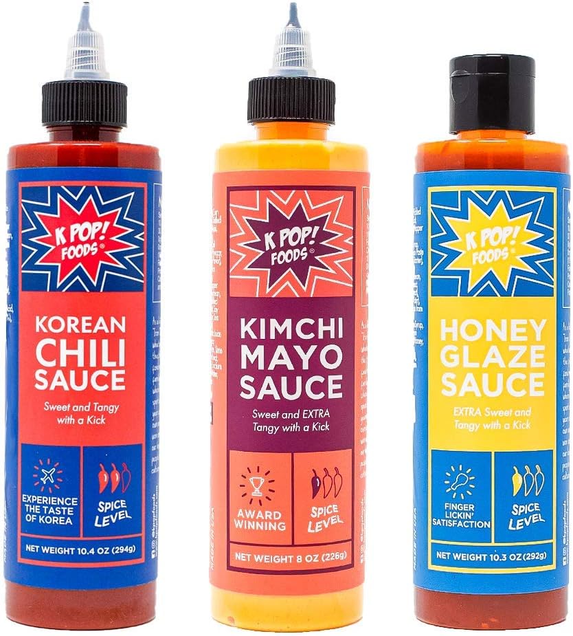 KPOP Foods Variety Sauce Set. Includes: (1) Kimchi Spicy Mayo Sushi Sauce, (1) Chili Sauce, and (1) Honey Glaze Sweet Chili Sauce. Using Real Gochujang Korean Chili Paste. Cook Traditional Korean Food or Use as Korean BBQ Sauce / Hot Sauce, 28.7 Oz.
