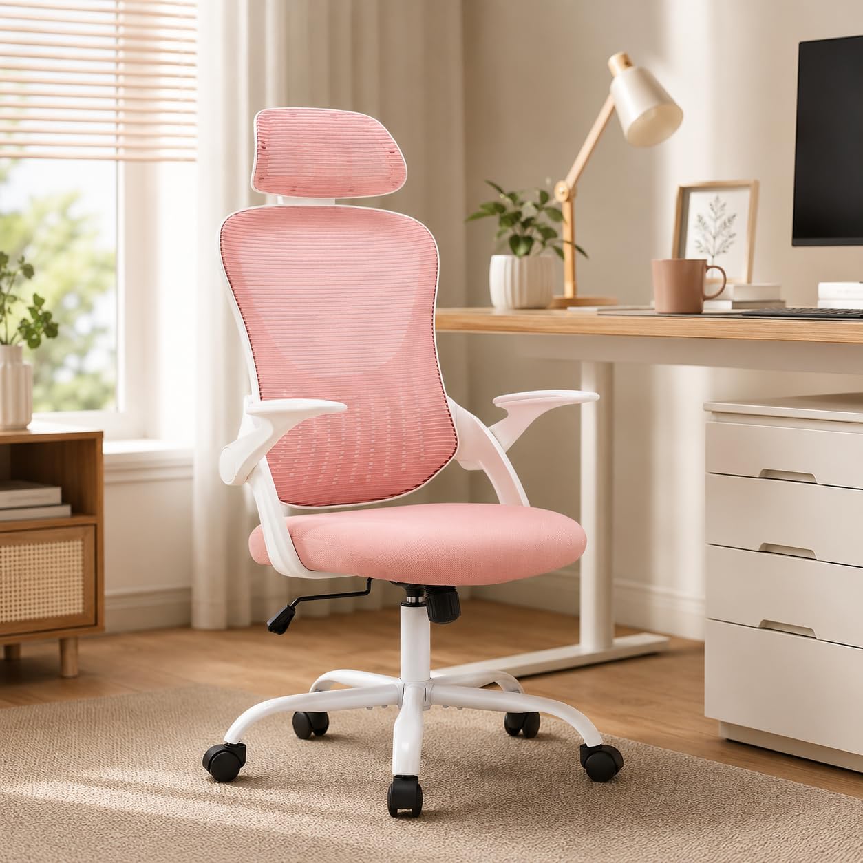 Pink Ergonomic Office Chair, High Back Mesh Desk Chair with Adjustable Headrest Lumbar Support, Computer Chairs with Flip-up Armrests and Thickened Cushion for Adults Home Office, 360° Swivel image 2