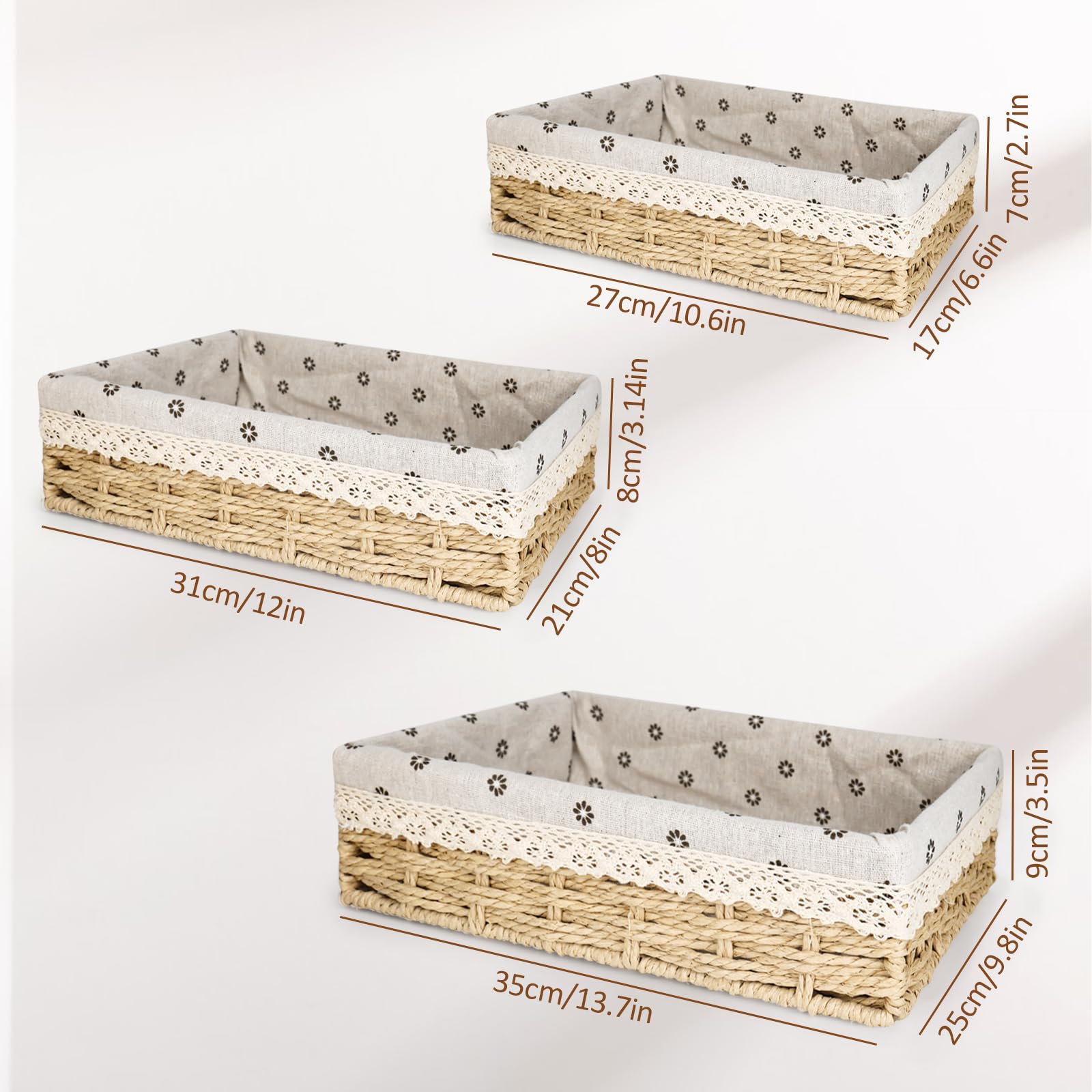 Set di 3 cestini per il pane grandi (35,31,27 cm) rettangolari in erba di mare, cestino intrecciato con inserto in cotone, cestino portaoggetti in robusto supporto in metallo, cestino per il pane