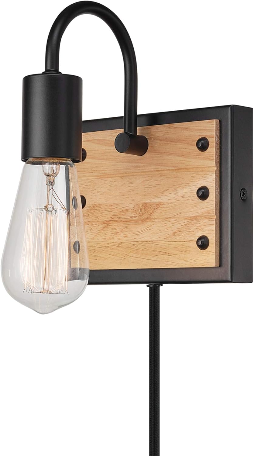 GLOBE Electric Oakland 1-Light Plug-in or Hardwire Wall Sconce, Matte Black, Faux Wood Accent, Black Fabric Cord, in-Line On/Off Switch