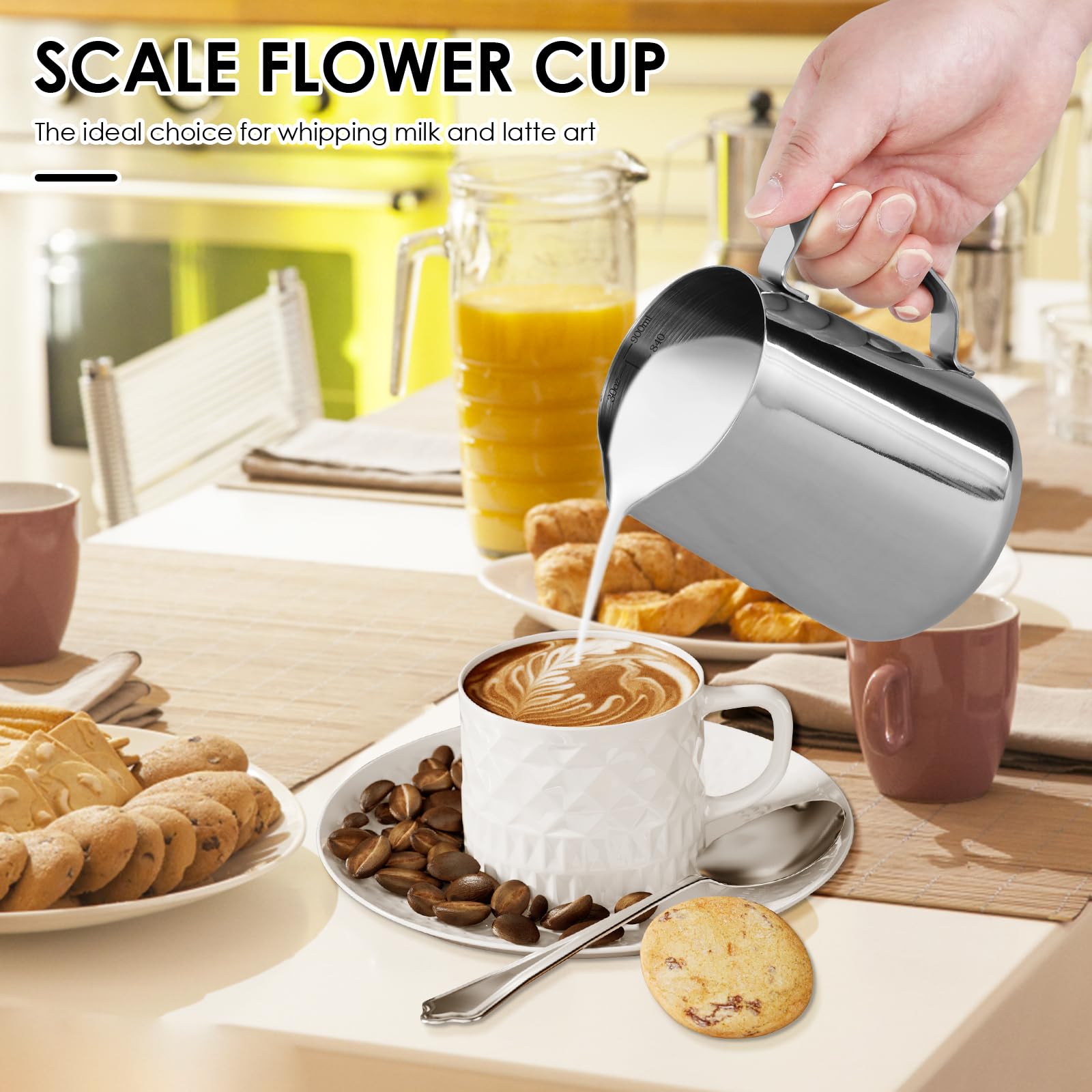 Paquete de 2 jarras de espuma de leche de 900 ml, jarras de vapor de acero inoxidable para leche/café/capuchino/latte art barista, jarra de leche con bolígrafo artístico (2)