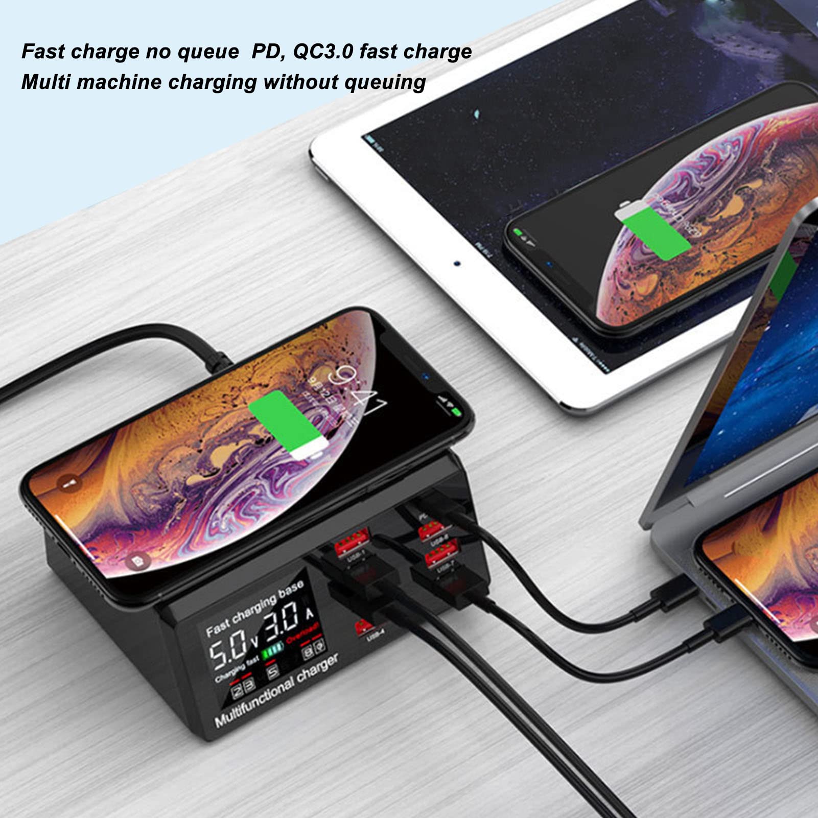 Caricatore Rapido USB a 8 Porte, Stazione di Ricarica USB con Caricabatterie Wireless, Caricatore Multi USB da 100 W QC 3.0 PD18W Hub di Ricarica Rapida Compatibile con Tutti i