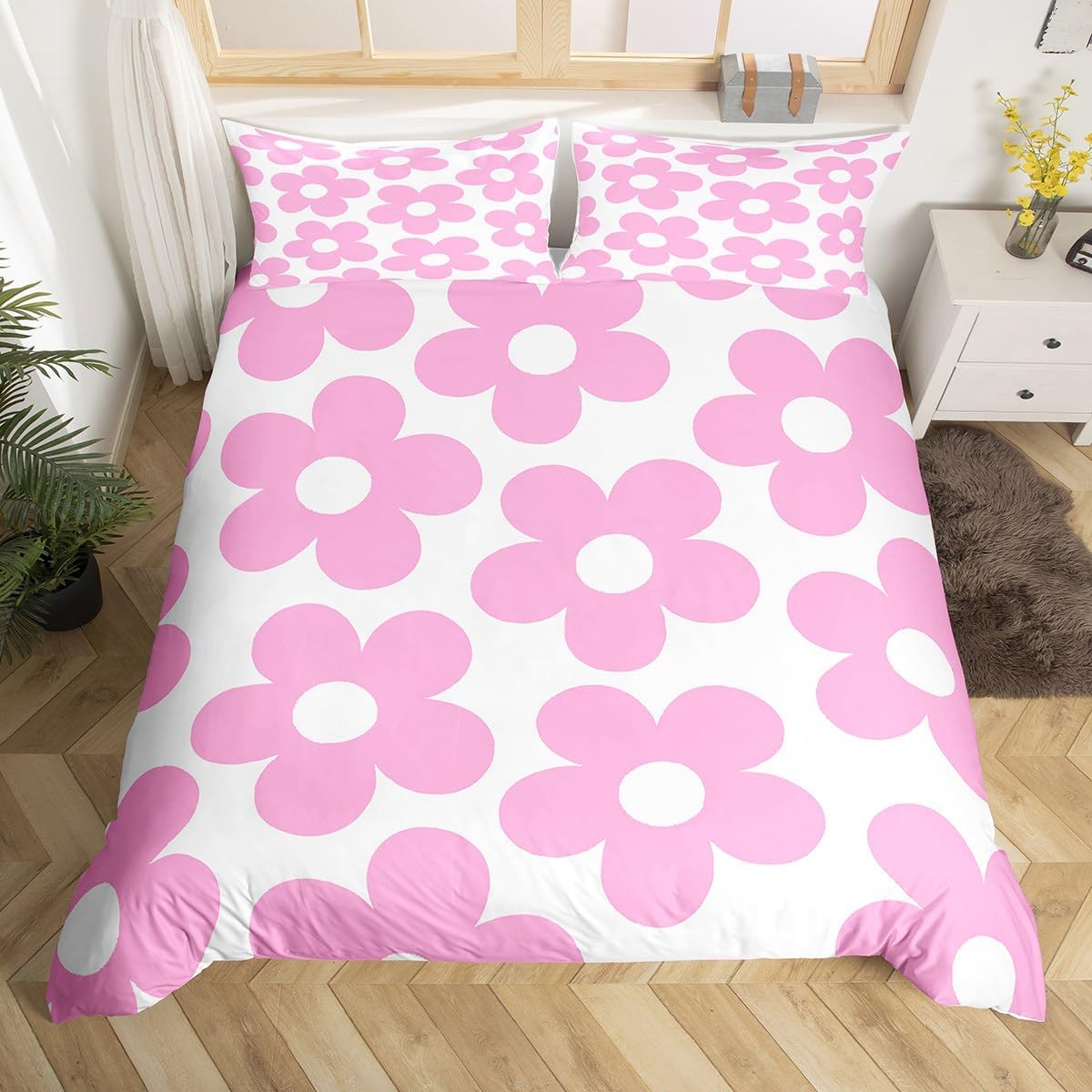 Erosebridal Cute Hot Pink Daisy Duvet Cover King Retro Hippie Flowers Comforter Cover 70S Groovy Floral Bedding Set for Kids Boys Girls Vintage Garden Aesthetic Bed Set