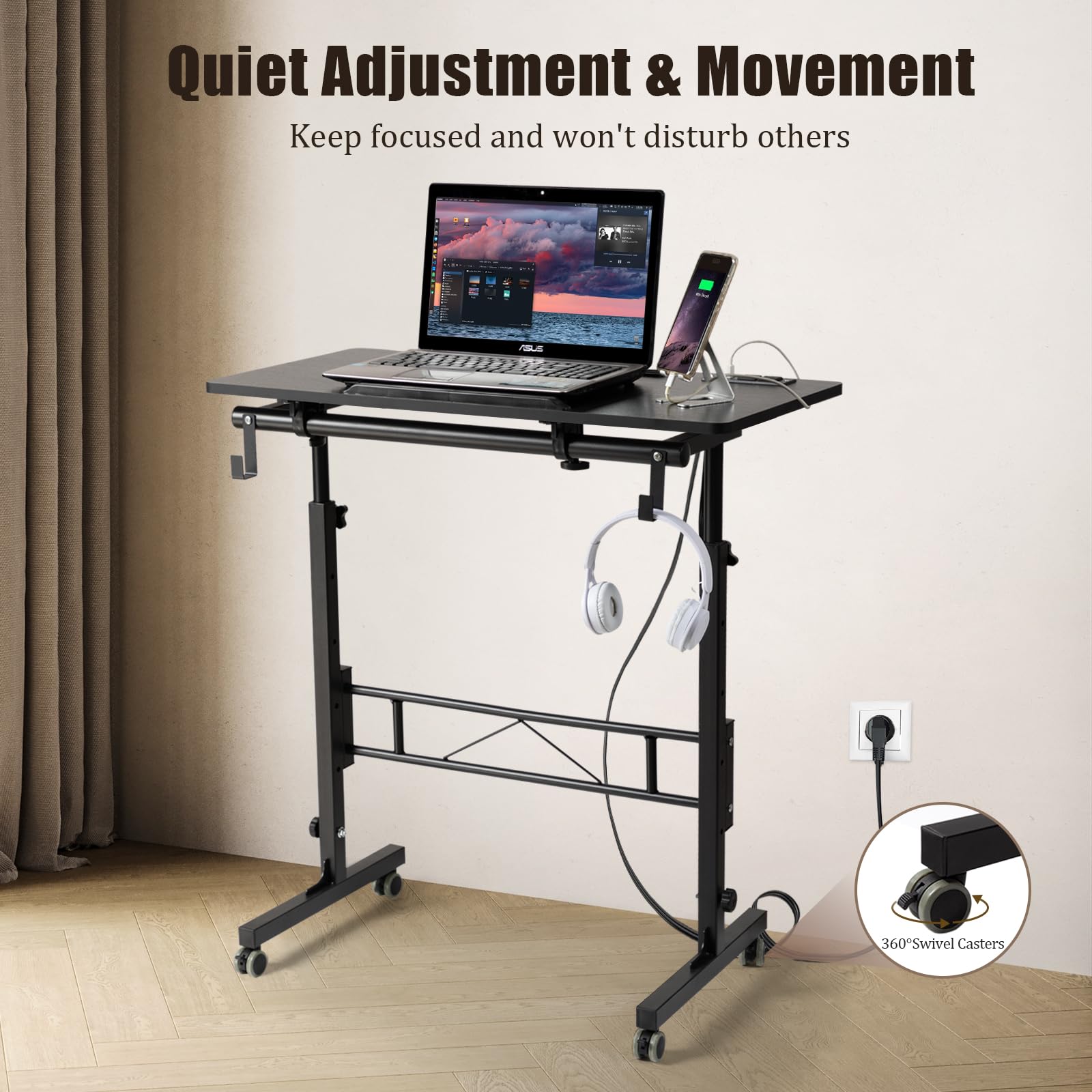 SIDUCAL Standing Desk Height Adjustable with Tiltable Tabletop Rolling Laptop Desk with Charging Station Sit Stand Portable Stand — view 6