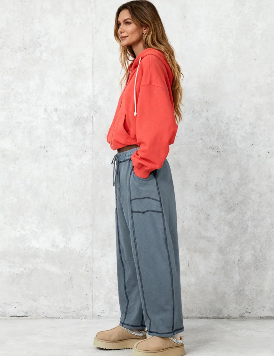 Athlisan Womens Fleece Lined Baggy Barrel Pants Casual Elastic Waisted Wide Leg Sweatpants with Pockets - Image 2