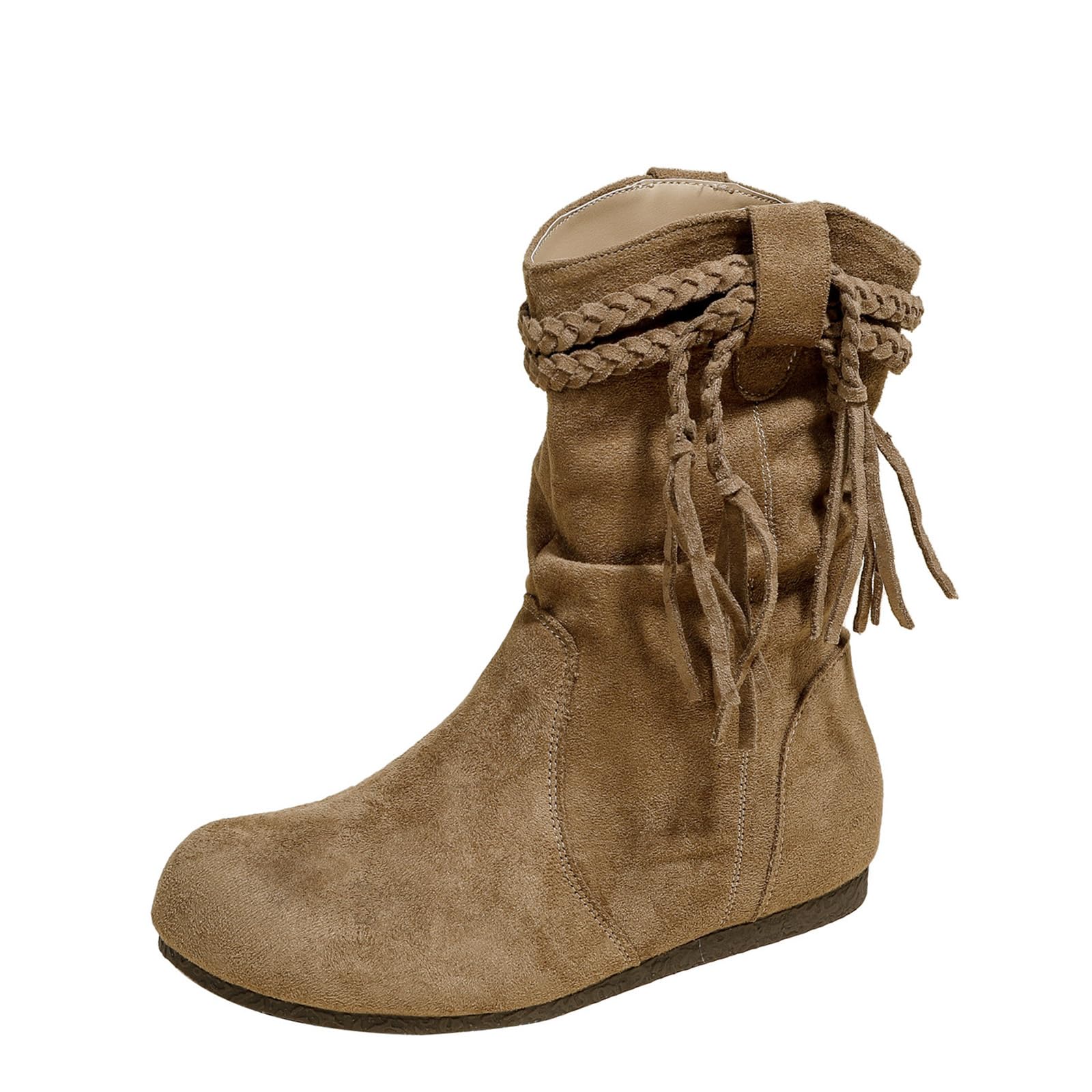 Womens Suede Braided Fringe Boho Ankle Boots with Height-increasing Insoles Retro Pleats Comfort Round Toe Pull-on Hidden Inner