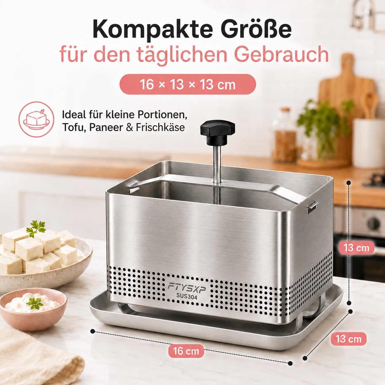 Presse à tofu réglable en acier inoxydable 304, avec bac d'égouttement et chiffon à fromage, sans BPA, passe au lave-vaisselle, presse à fromage pour tofu, paneer, fromage et légumes 16 x 13 x