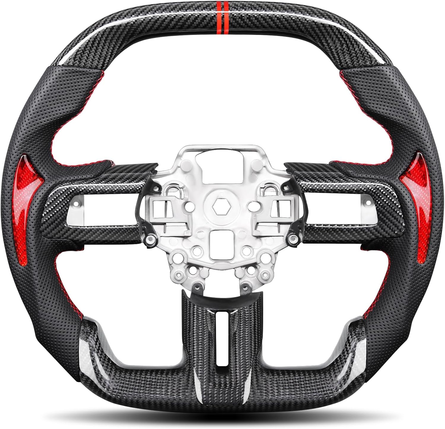 Steering Wheel for Mustang 2018-2023 Real 3K Carbon Fiber with Trim Cover Double D-shaped Racing Nappa Perforated Leather Grip Hand-stitched for Mustang EcoBoost/GT for Shelby GT350/GT350R