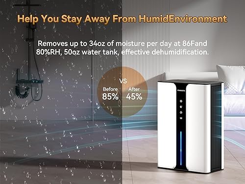 Miniatura 4 de Deshumidificador para el hogar con manguera de drenaje, (950 pies cuadrados) deshumidificador silencioso de 95 onzas para dormitorio, baño, con