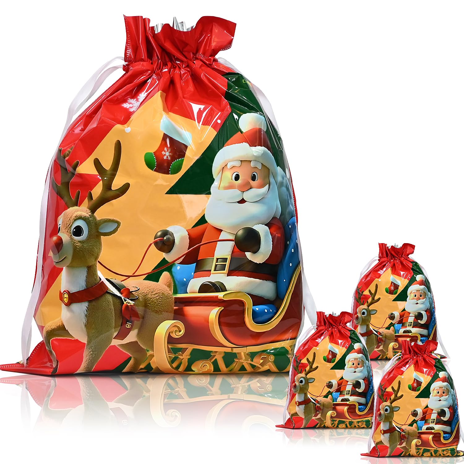 QRTDXP 39 * 51cm Red Christmas Drawstring Bag,4pcs Xmas Gift Bag with the Santa Claus and Deer for Christmas Party