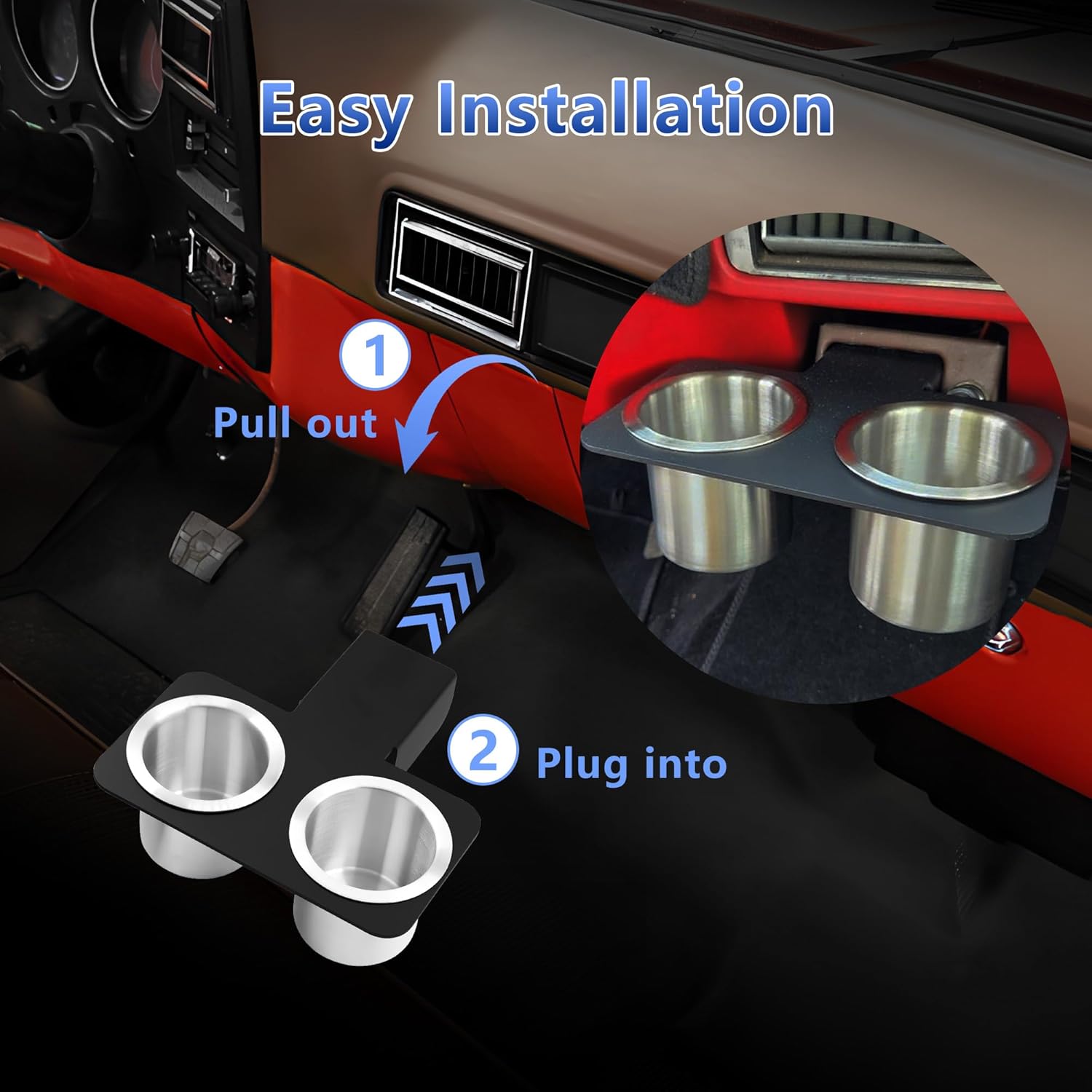 Truck Cup Holder Compatible with 1973-1987/1991 Chevy & GMC C/K Series - Detachable Aluminum Drink Holder Fit for C/K 10/20/30 Pickups - Black Stainless Steel Center Console Beverage Holder