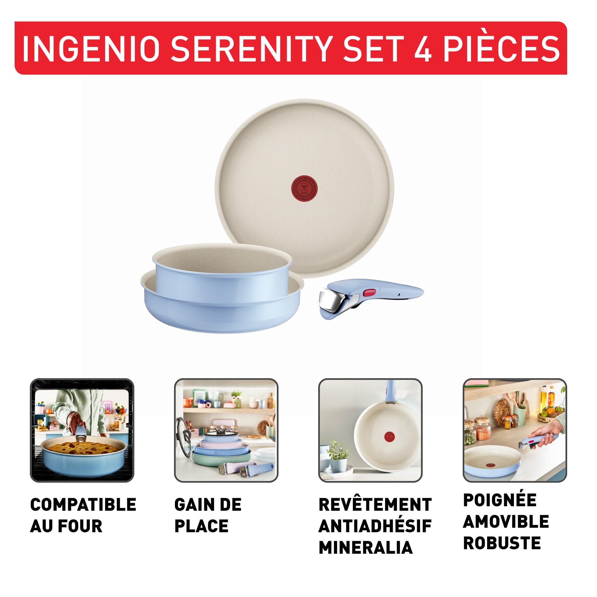 Tefal Ingenio Serenity, Batterie de cuisine 4pièces, Revêtement antiadhésif, Poignée amovible sécurisée, Design empilable, L8274S04