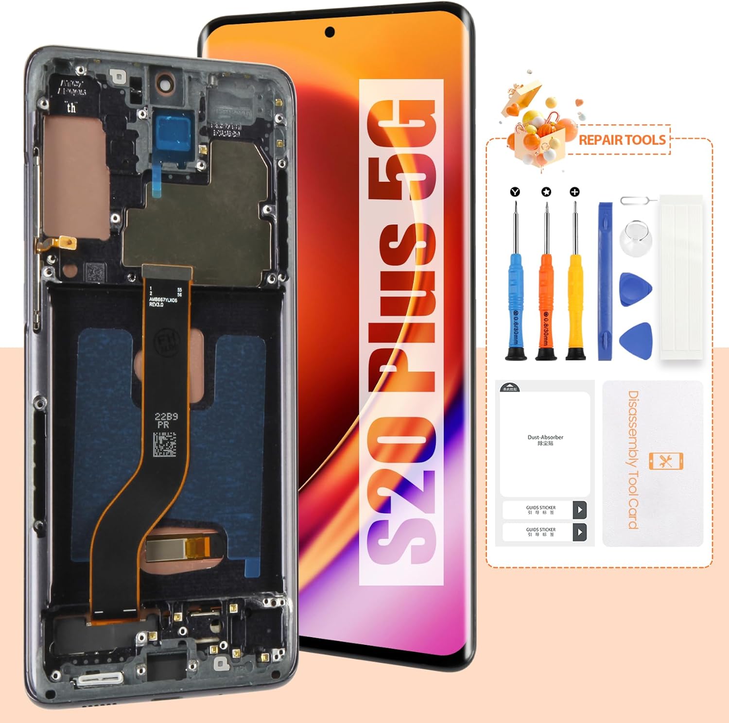 OLED Screen for Samsung Galaxy S20 Plus 5G Screen Replacement for Samsung S20+ LCD Screen SM-G986,SM-G986F Touch Display Digitizer Assembly Repair Parts with Frame(with Fingerprint Function) (Black)