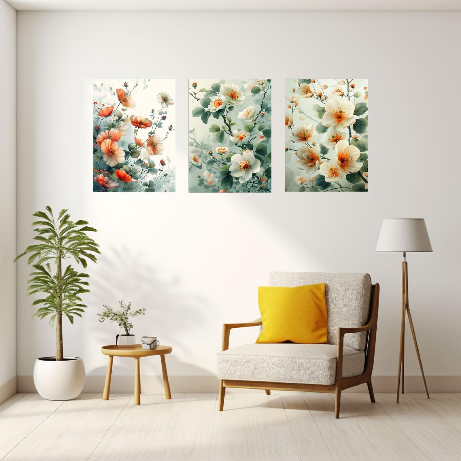 JOSUE 3 Teilig Boho Leinwand Bilder Blätter Blumen Wohnzimmer Dekoration Wandkunst 20x30cmx3 Gerahmt