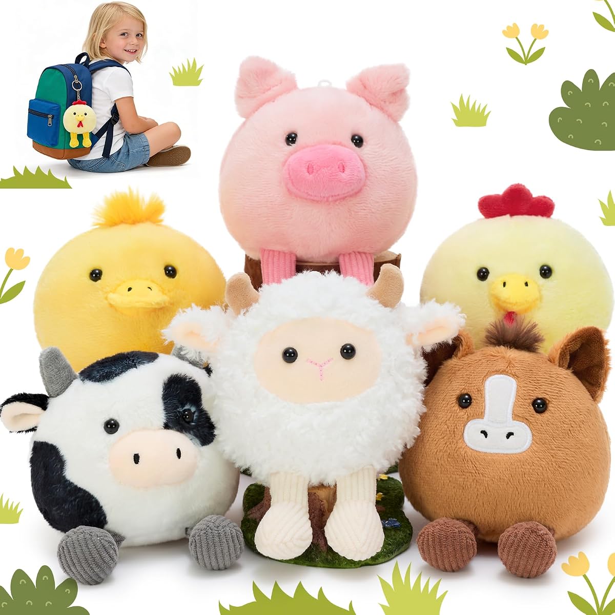 MorisMos 6Pcs Farm Stuffed Animal Keychain Set, 6.3" Soft Farm Plush Toys | Includes Pig Cow Sheep Chicken Duck Horse Plush Keychains for Backpack, Party Favors Classroom rewards and Gift for Kids