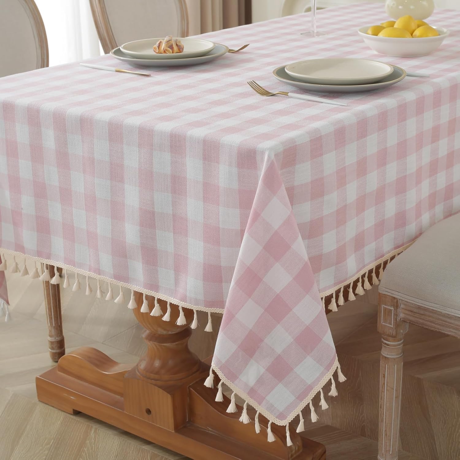 Alsoo Pink Checkered Tablecloth Rectangle Cotton Linen Fabric, Easter Gingham Table Cloth Buffalo Plaid Table Cover with Tassel Wrinkle Free Washable for Kitchen Dining Picnic, 55X120''