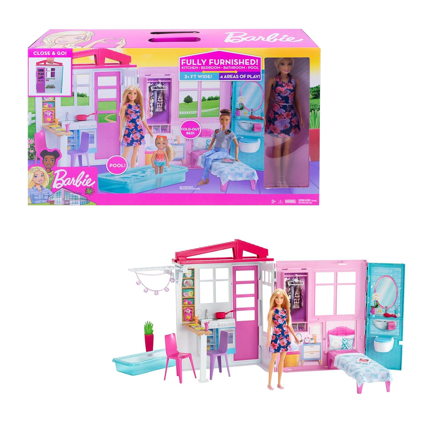 Barbie-Haus mit Küche, Schlafzimmer, Badezimmer, Pool, komplett eingerichtet Möbeln, verschließbar mit Aufbewahrungsgriff, Puppen, Geschenke für Kinder ab 3 Jahren, GWY84
