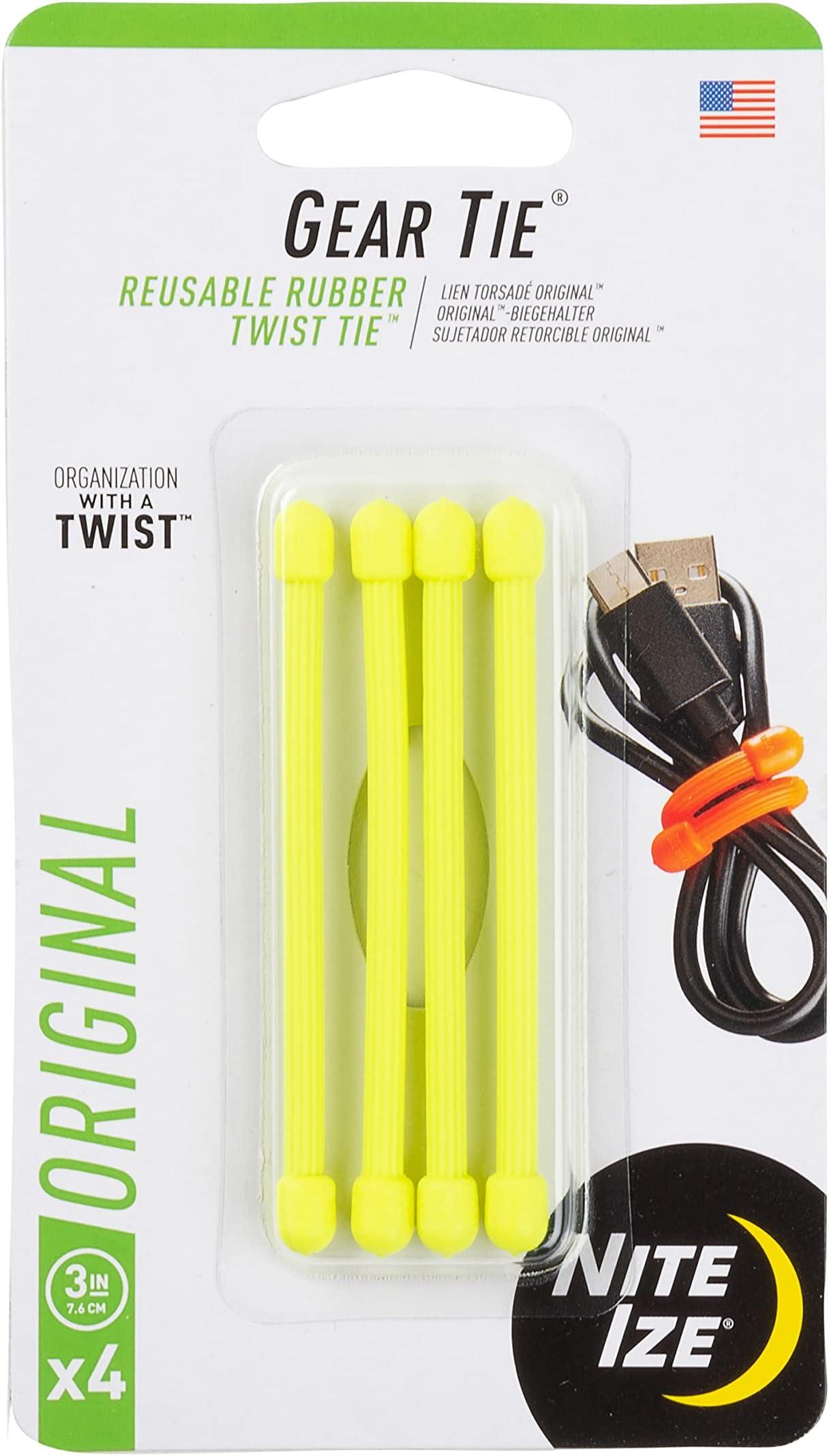 Original Gear Tie, Reusable Rubber Twist Tie, Made in the USA, 3-Inch, Neon Yellow, 4 Pack