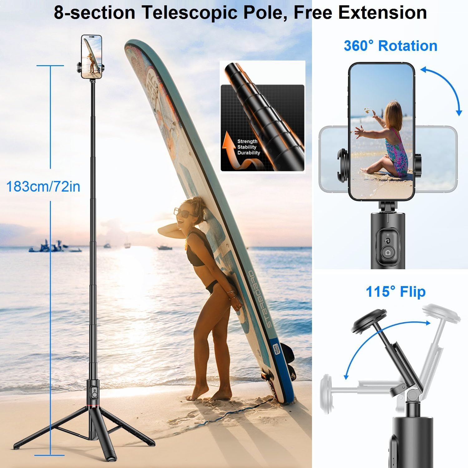 72" Phone Tripod & Selfie Stick - Tripod for iPhone Cell Phone Tripod Stand Holder w Cold Shoe Mount, Portable Travel Tripods for iPhone 16 15 14 13 Pro Max Android Video Recording Vlog
