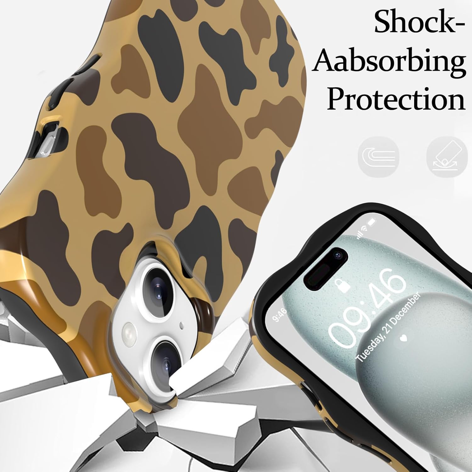 ZIYE Wave Design for iPhone 15 Case, Cool Brown Camouflage Pattern for Women Girls Men, 2 in 1 Shockproof Bumper Scratch Resistant Protective Cover