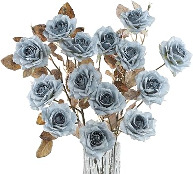 LFF 12 Blooms Dusty Blue Roses Artificial Flowers, 4Pcs Vintage Faux Roses with 27.5" Long Stems, Silk Fake Roses Bouquet for Vase Fillers Home Wedding Decor Floral Arrangement Table Centerpiece