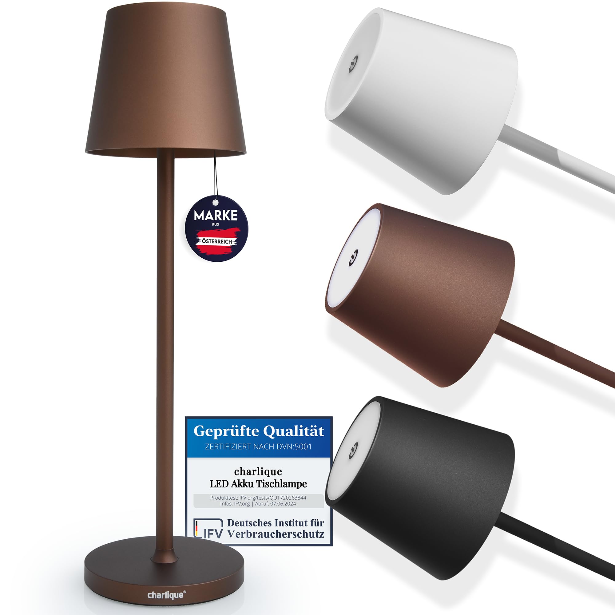 charlique® LED Tischlampe kabellos (braun) - Dinner Light 38 cm - Premium Akku Tischleuchte mit USB, für innen und außen, warmes Licht