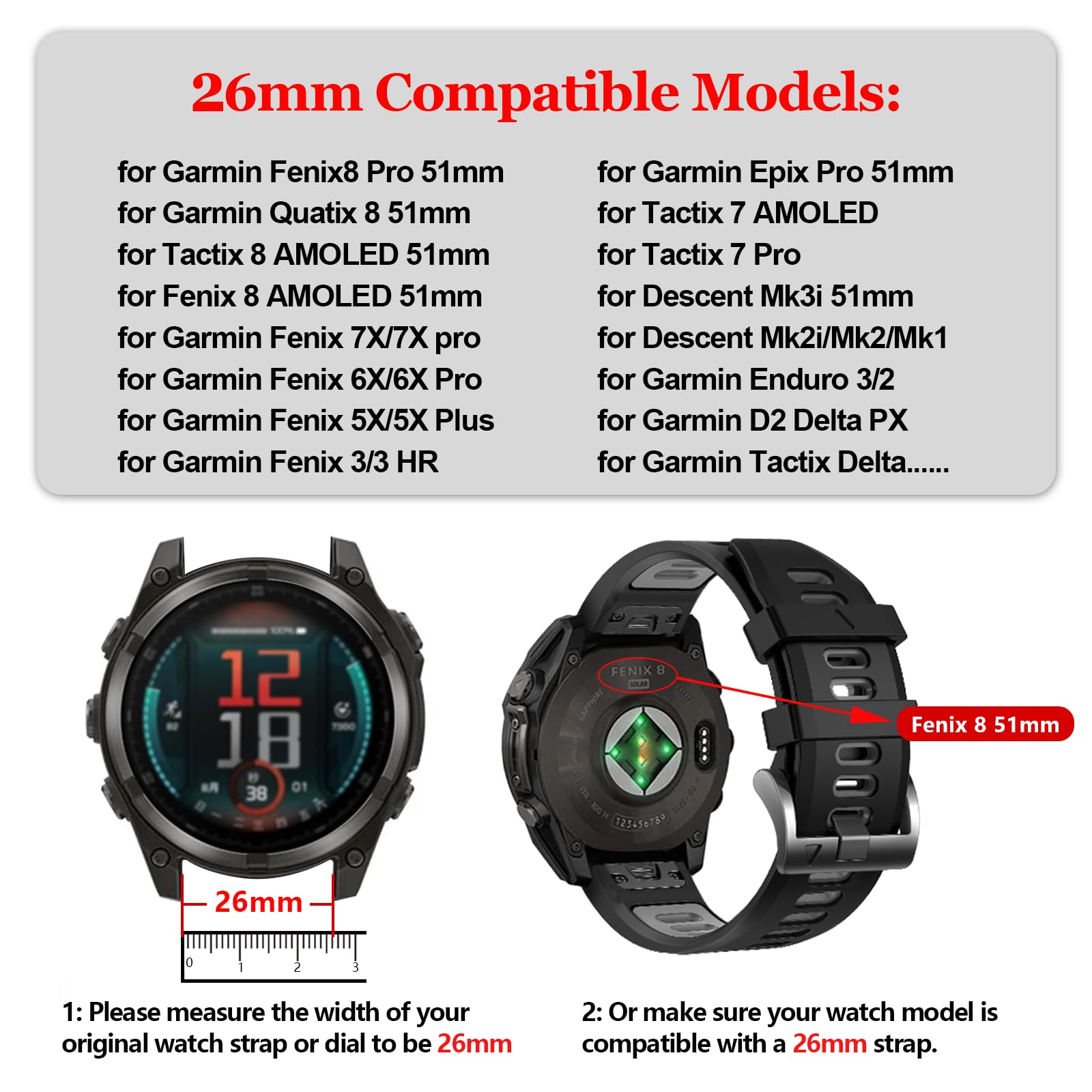 26mm Cinturino Compatibile per Garmin Fenix 7X/7X Pro/6X/6X Pro/5X Plus,Silicone Quickfit Cinturini di Ricambio per Fenix 8/8Pro 51mm/Descent Mk3i/Epix Pro/quatix 8/tactix 8 51mm/Enduro 3/2
