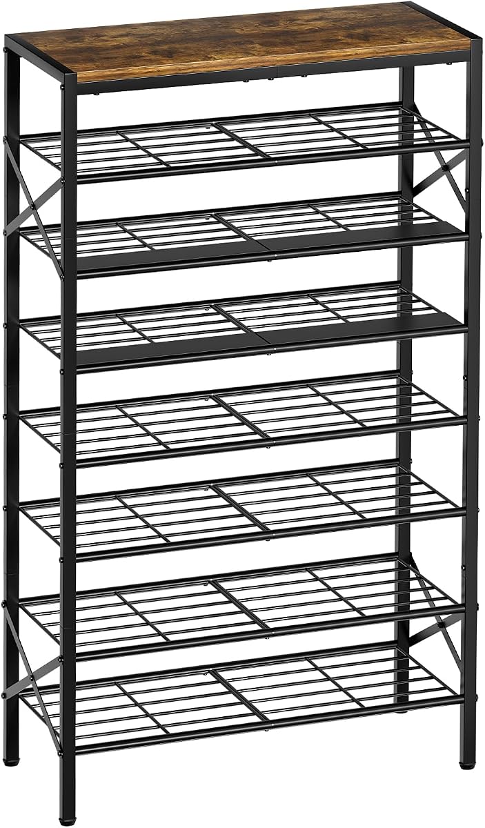 Zapatero de metal de 8 niveles con tapa de madera, 24-32 pares | 52 pulgadas de alto maximiza el espacio vertical, 2 láminas de hierro para tacones, quita una capa para botas altas, versátil para el hogar