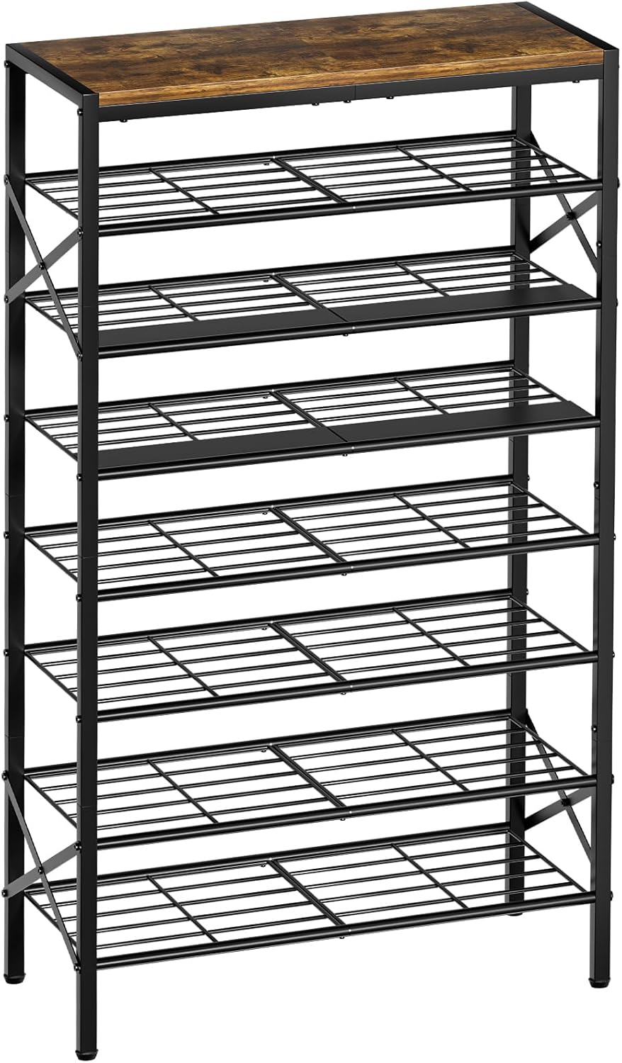 8-Tier Tall Shoe Rack Organizer Shoe Storage for Entryway 24-32 Pairs Metal Shoe Rack for Closet Heavy-Duty Shoe Rack with Wooden Top Shelf for Garage Rustic Brown