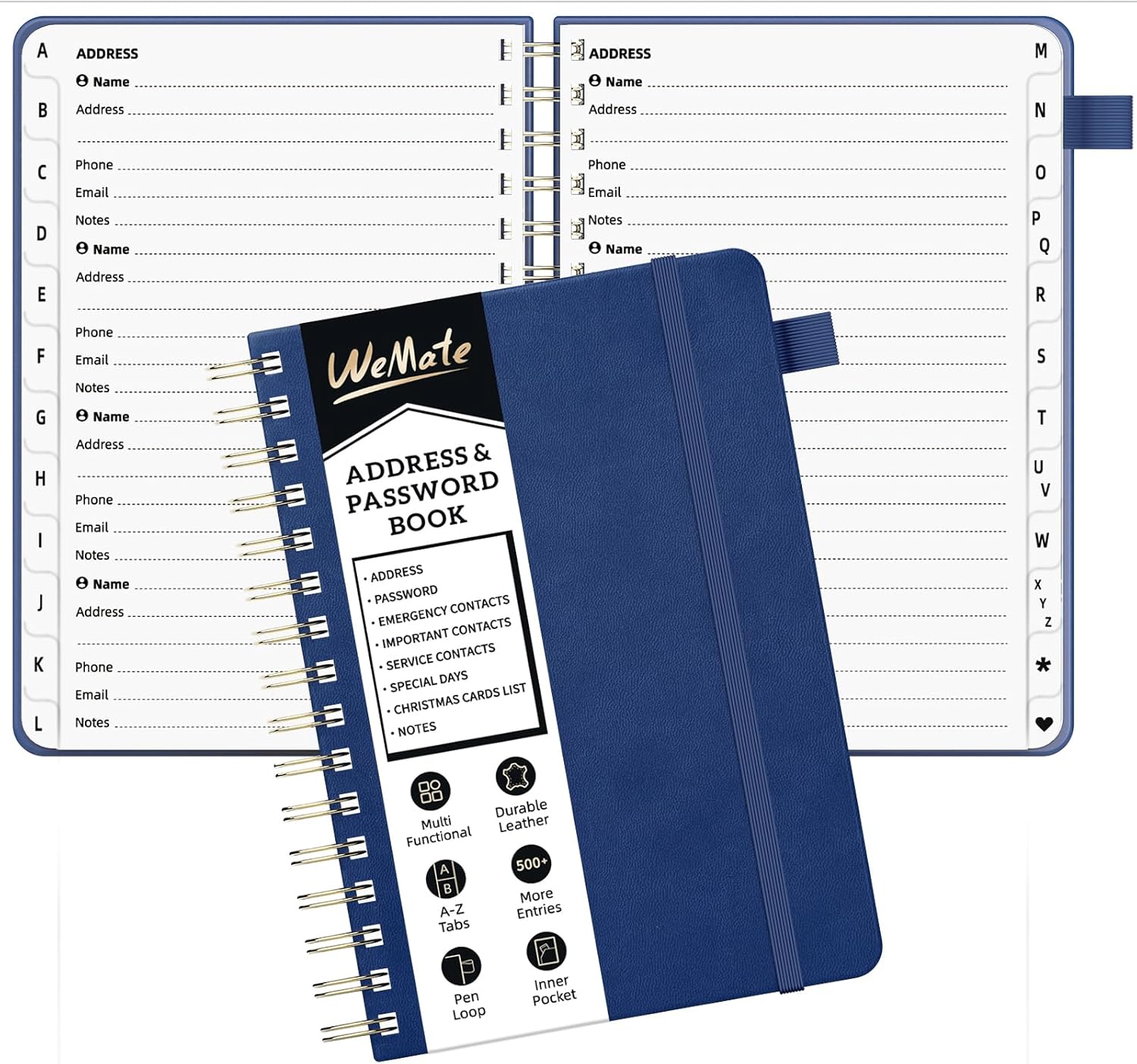 WEMTAE Spiral Address Book with Alphabetical Tabs, Leather Password
