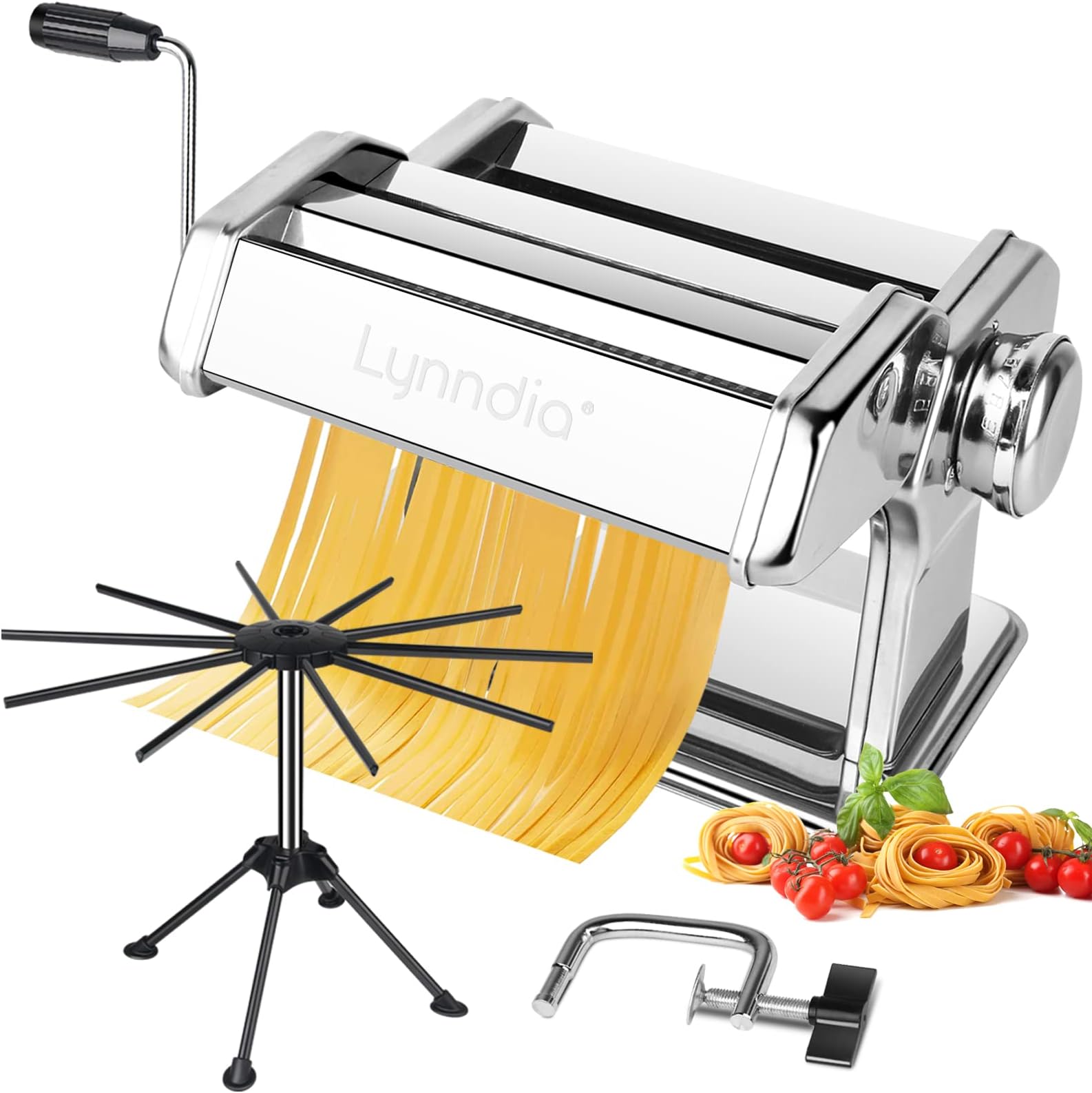 Lynndia 2 in 1 Pasta Maker with Pasta Rack, Pasta Machine with 9 Dough Rollers with Adjustable Thickness and 2 Blade Dough Cutters and Desktop Fixing Clip, Suitable for Homemade Pasta,Spaghetti-SLIVER