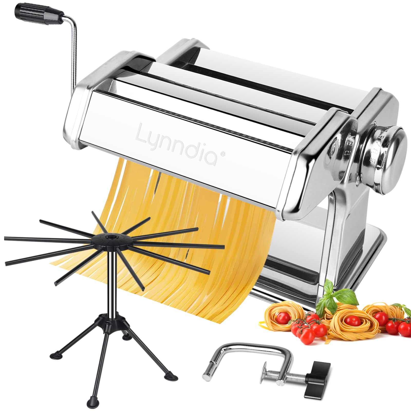 Lynndia 2 in 1 Pasta Maker with Pasta Rack, Pasta Machine with 9 Dough Rollers with Adjustable Thickness and 2 Blade Dough Cutters and Desktop Fixing Clip, Suitable for Homemade Pasta,Spaghetti-SLIVER