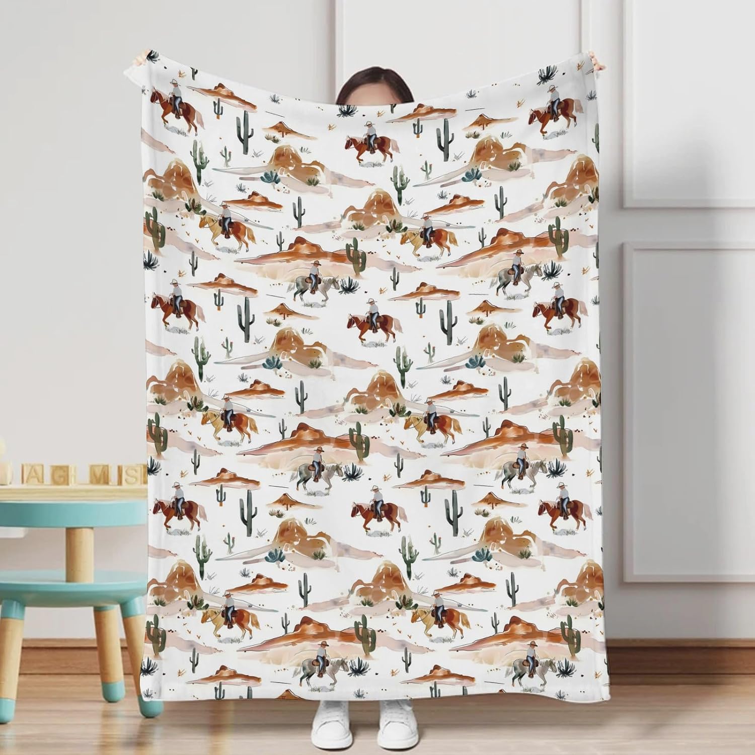 Unisex Western Nursery Baby Throw Gift Blanket for Boys Girls, Watercolor Western Cactus Horse Mountain Pattern Swaddle Receiving Bed Blanket for Newborn Toddlers Kids-50x60