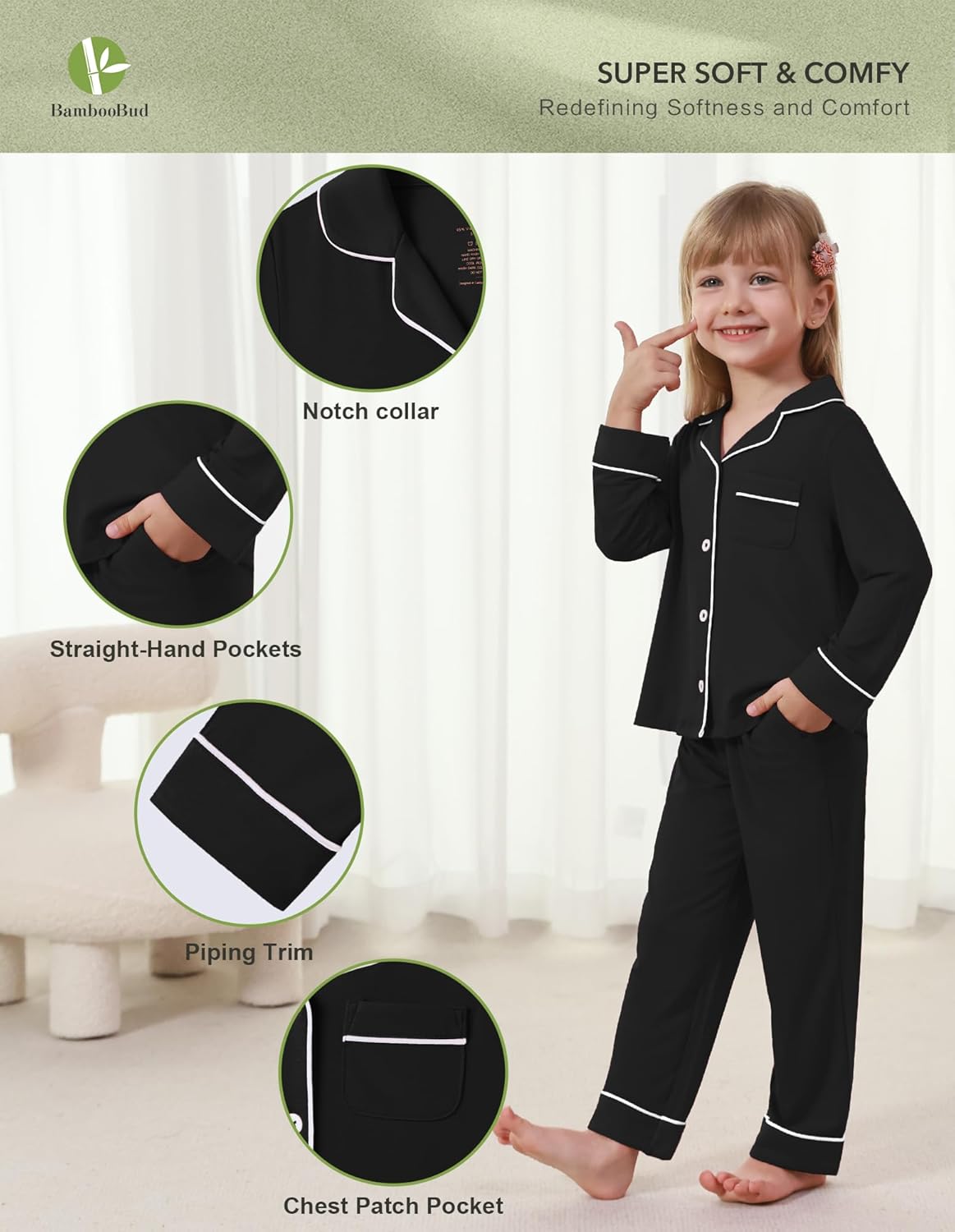 Kids Pajamas Bamboo Viscose Pajama Set, Unisex Boys Girls Long Sleeve Shirt and Pants Button Down Sleepwear 4T-12Y - Image 2