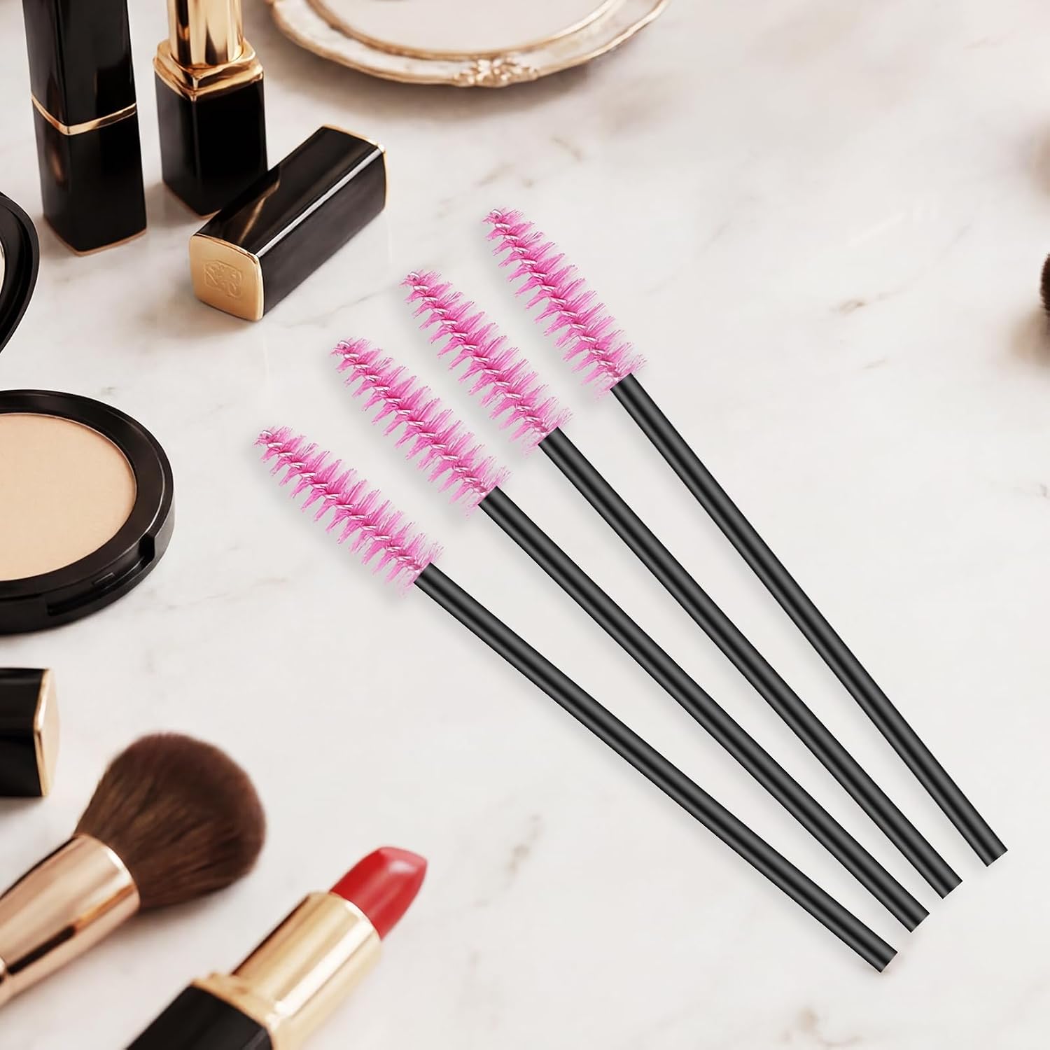300 Pcs Disposable Mascara Wands Eyelash Brush Applicators Spoolies for Eye Lash Extension, Pink