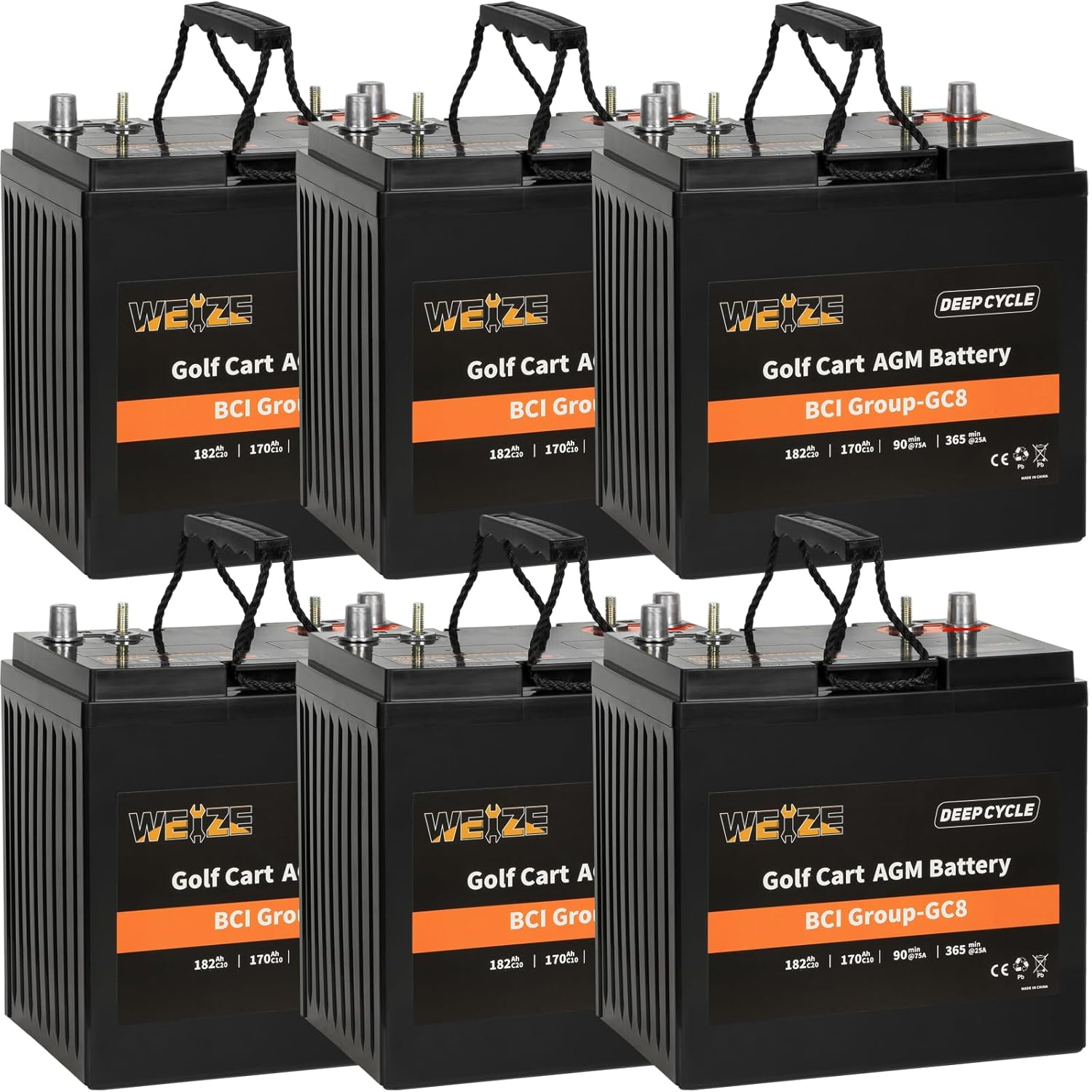 Weize GC8 8V Golf Cart Battery, 182AH High Capacity & Maintenance Free Deep Cycle AGM Battery for Golf Cart, Scissor Lift, Scrubber Sweeper, Set of 6