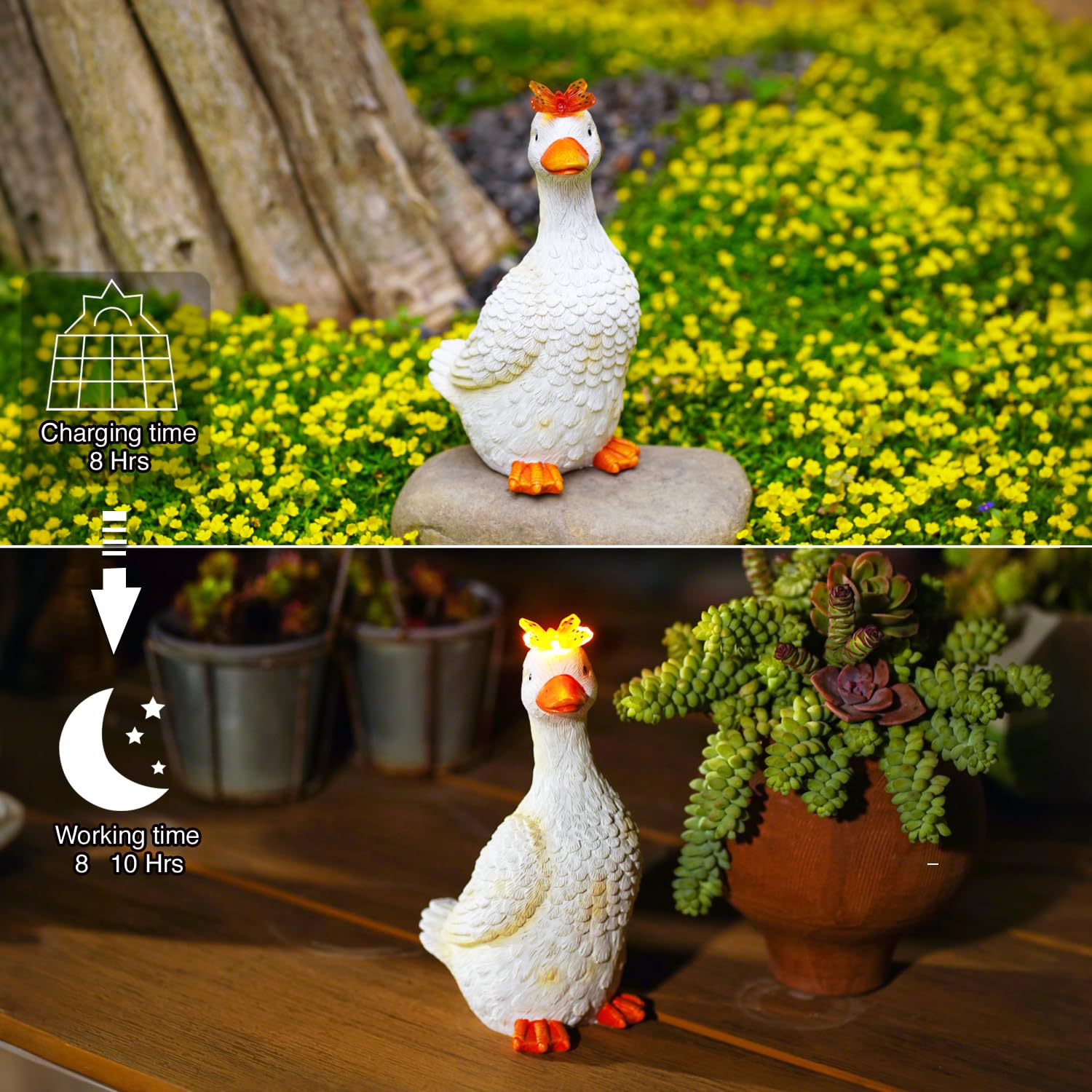 Goodeco Statua d'oca da portico con farfalla solare, decorazione da giardino per esterni, per portico e cortile, regalo unico per mamme e amanti del giardino (bianco sporco)