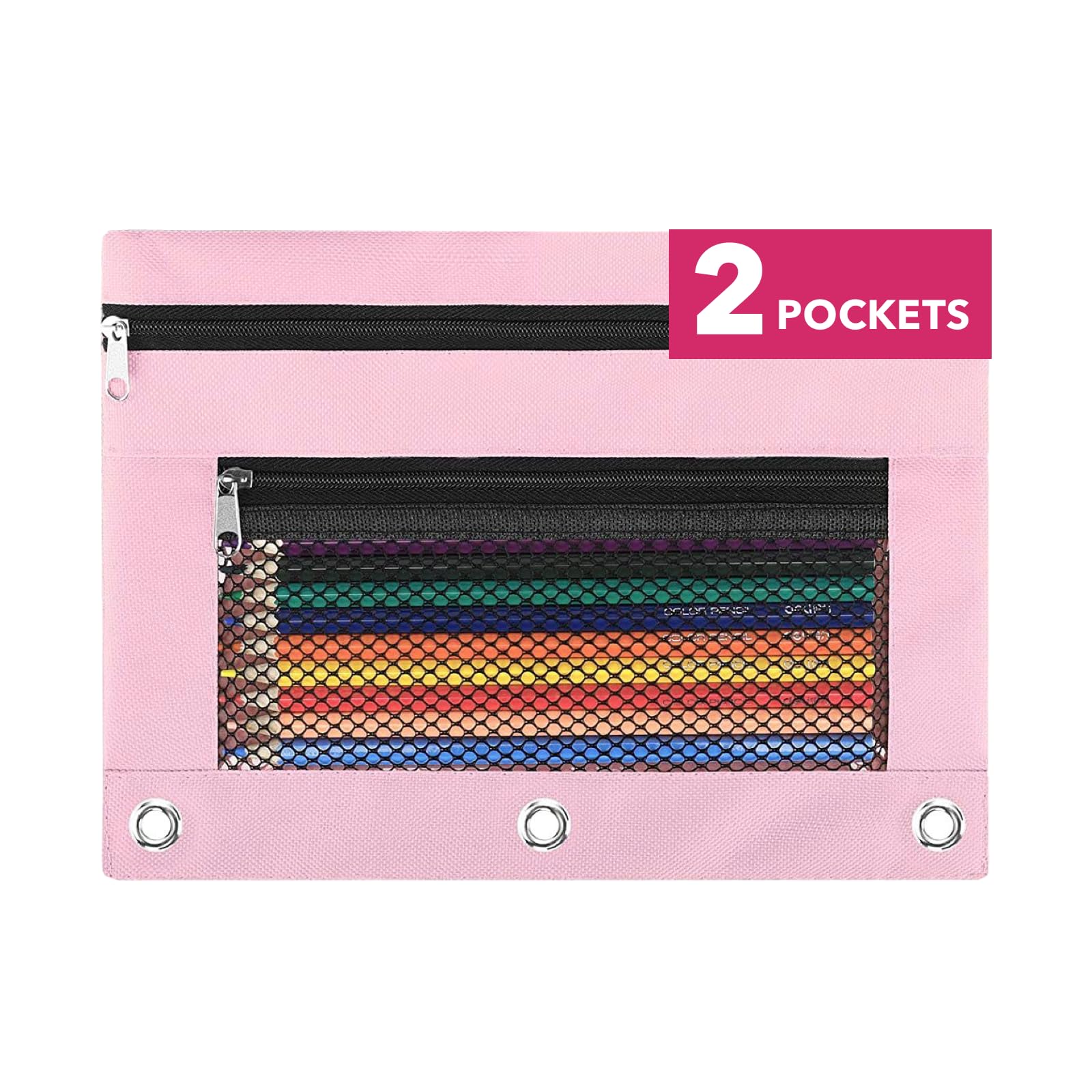 Custodia per raccoglitore a 3 anelli con cerniera e 3 fori, portapenne, accessori sciolti con finestra trasparente, tasche estetiche per organizer, rosa, 9.8 x 7 inches, rosa