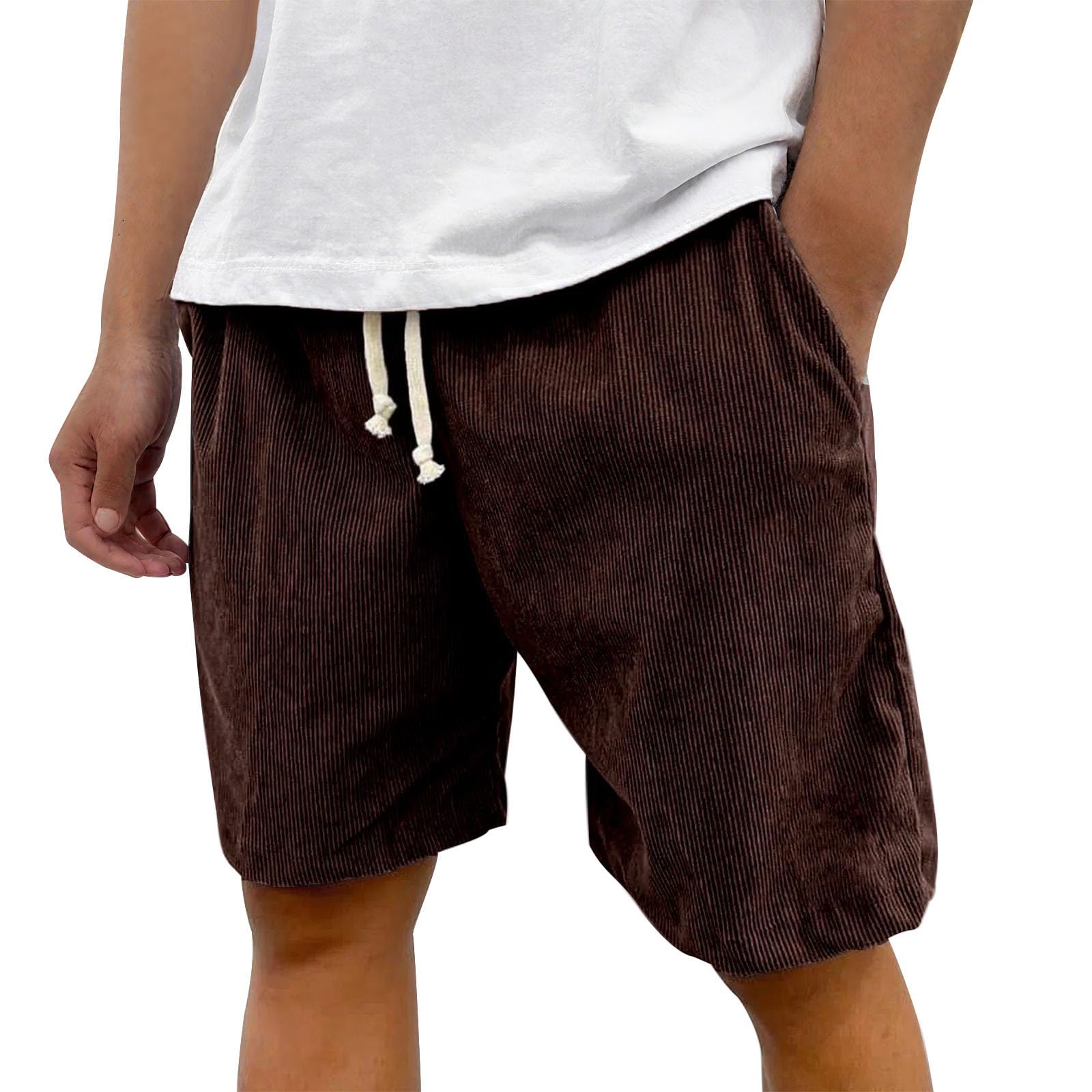 Men's Vintage Corduroy Shorts Fashion Elastic Drawstring Waist Short Pants Plus Size Solid Color Shorts with Pockets