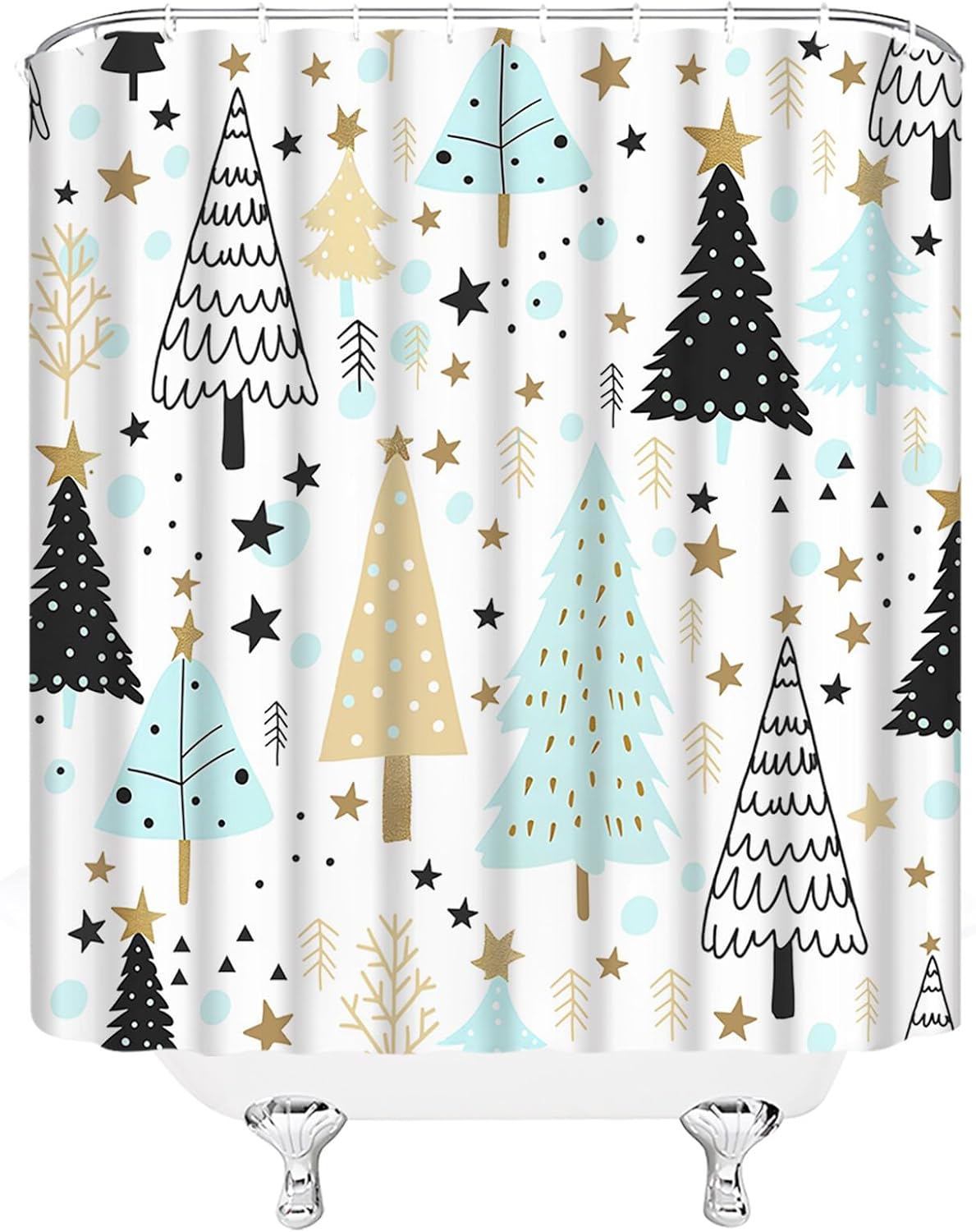 Christmas Extra Long Shower Curtain Xmas Tree Pine Forest Snowflake Star Winter Holiday Festival Teal Golden Black Fabic with Hooks for Bathroom Decor,70x84 Inch