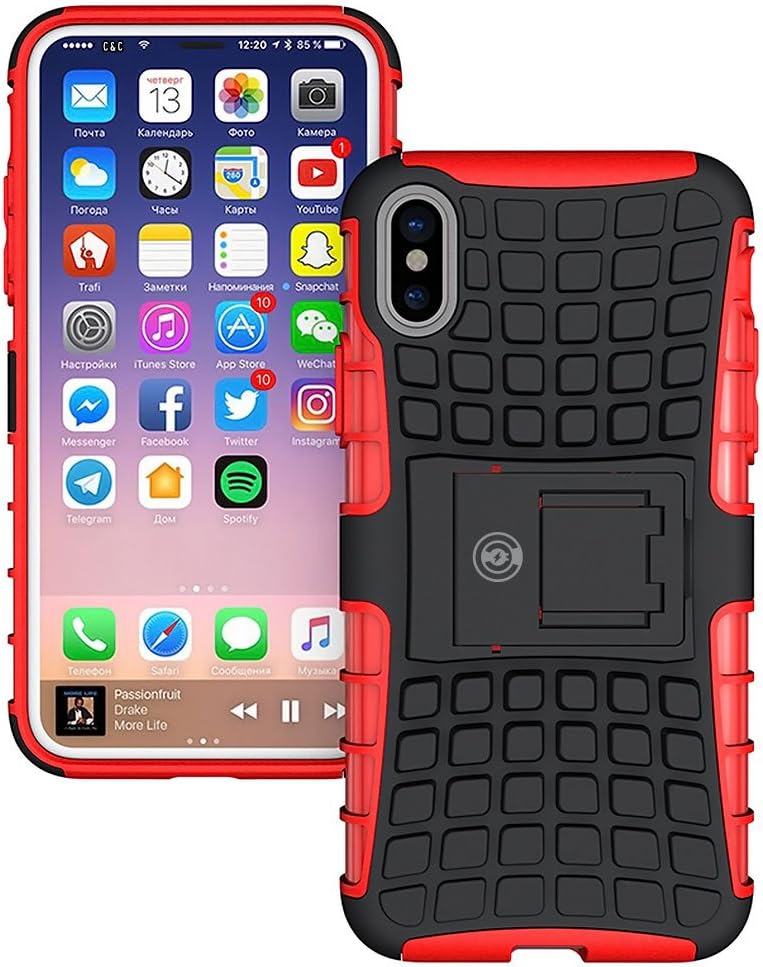 iPhone X Case, iPhone X Case by Cable and Case - [Heavy Duty] Tough Dual Layer 2 in 1 Rugged Rubber Hybrid Hard/Soft Impact Protective Cover [with Kickstand] Shipped from The U.S.A. - Red