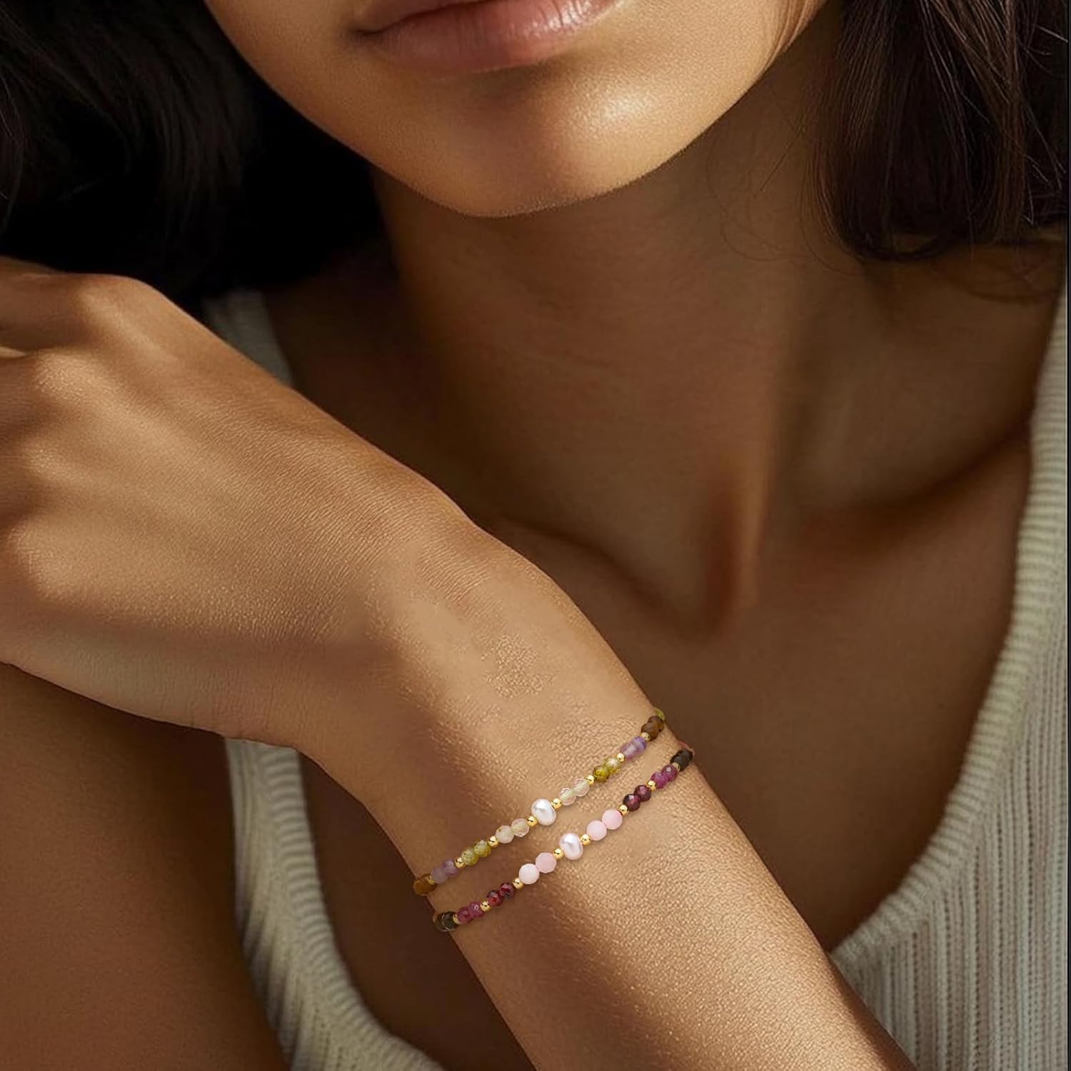 Colorful Gemstone Beads Bracelets Set for Women, 2Pcs Boho Handmade Adjustable Stackable Strand Outfit Accessories Jewelry Gift. - Image 2