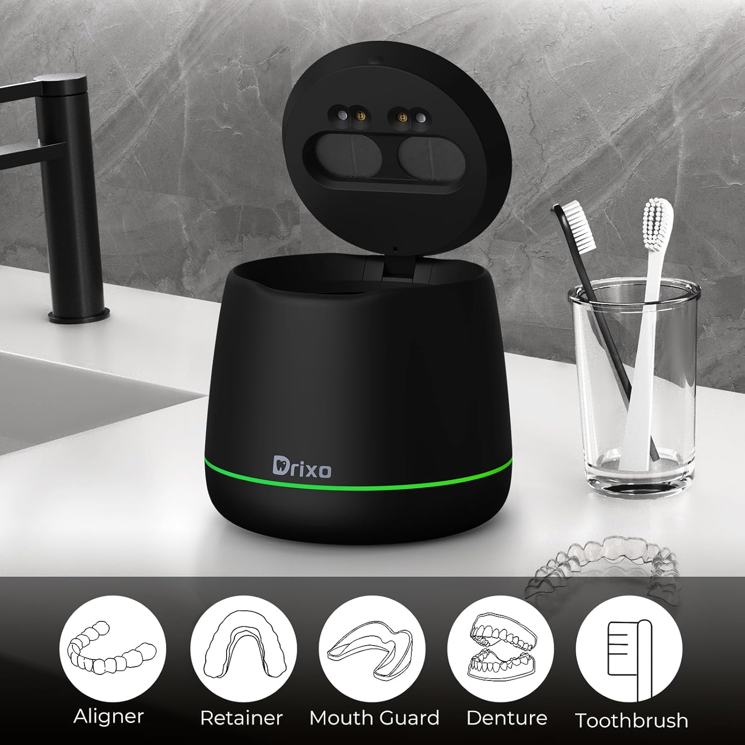 Drixo Ultrasonic Retainer Cleaner Machine, IPX6 Waterproof Dental Cleaning Pod, 3 Modes Denture Cleaner for Night Guard Mouth Guard Braces, 45kHz Cleaner with UV Light, 200ML Tank, Black