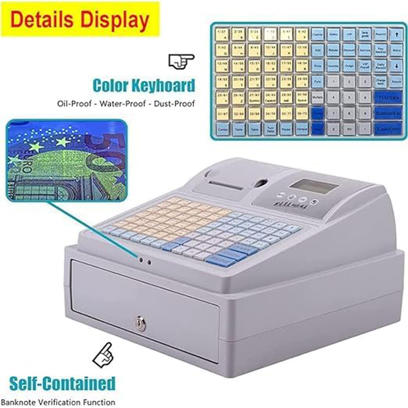 Caja Registradora Básica, Caja Registradora Electrónica, Sistema TPV, 81 Teclas, Caja Registradora Digital LED, para Restaurantes, Supermercados y Comercios Minoristas.