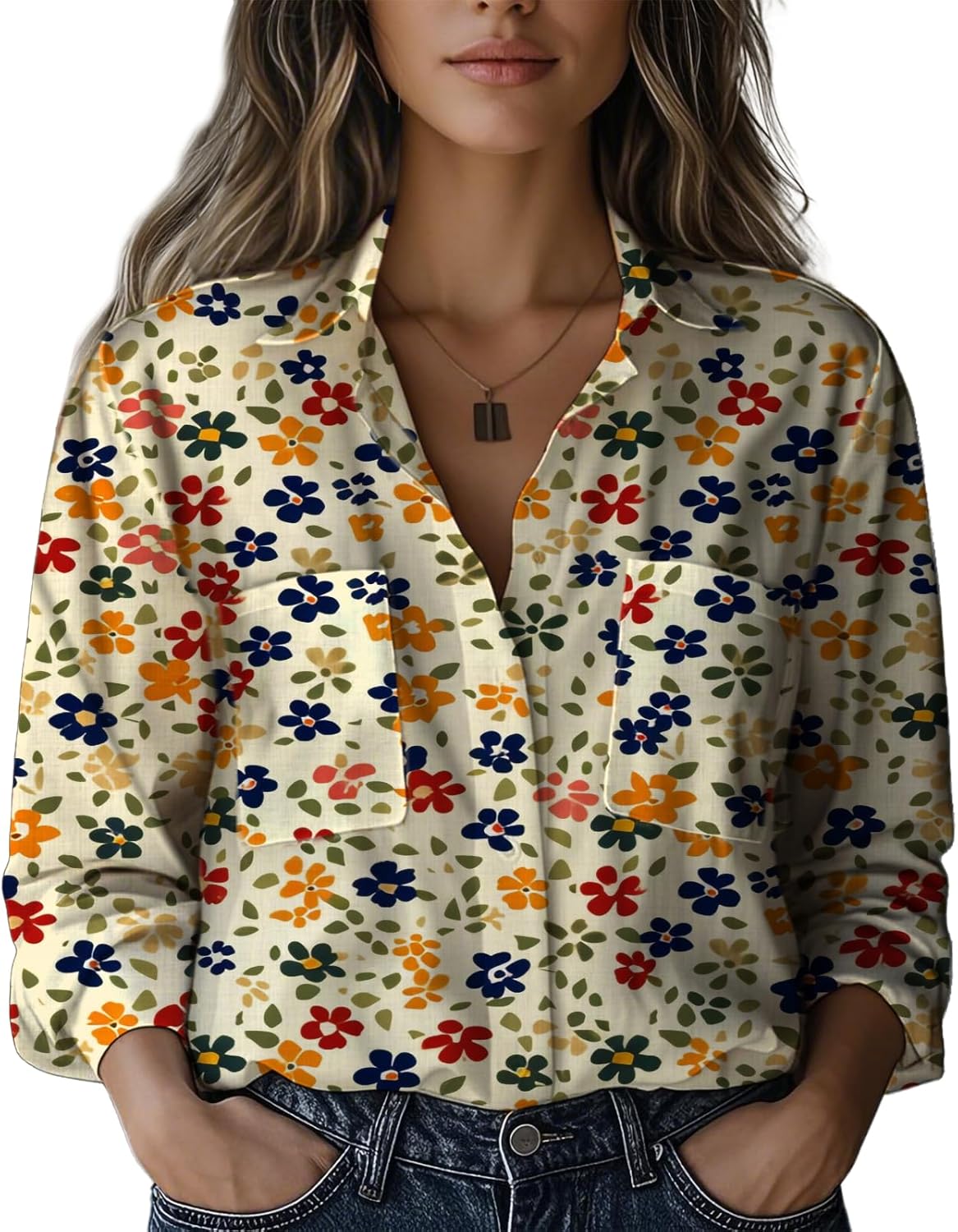 Button Down Shirts for Women Loose V Neck Collar Bohemian Blouses Rolled Three-Quarter Sleeve Tunic Tops
