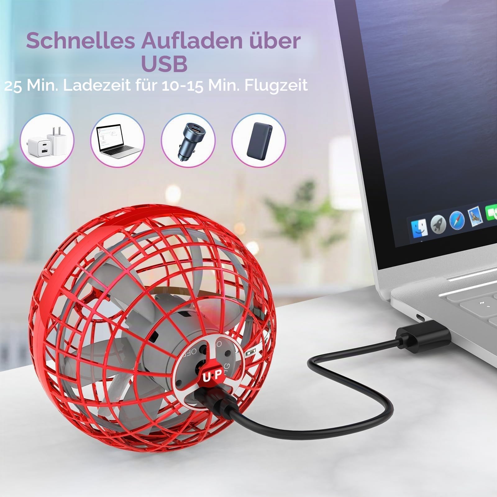 Fliegender Ball, Flying Orb Ball Hover Ball Handgesteuertes Bumerang Ball Spielzeug, Fliegender Fidget Spinner Mit Magischen Lichtern, Geschenke für Jungen Mädchen von 6-10 Jahren und älter (Rot)