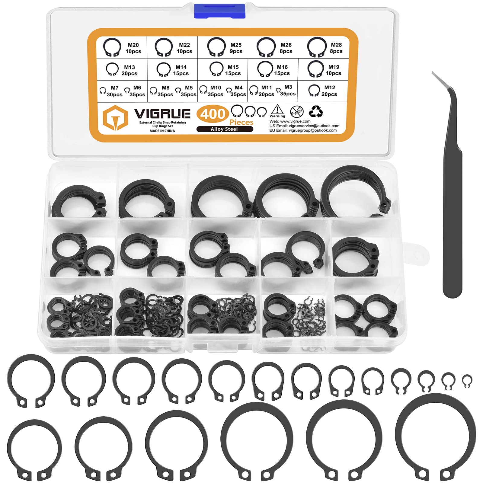 VIGRUE 400tlg Sprengring Sortiment Sicherungsring Set 19 Größe Kohlenstoffstahl E-Clip Externe Haltering Externes C-Clips Geteilte Schnallen Unterlegscheiben, M4-M28 mit Kunststoffbox