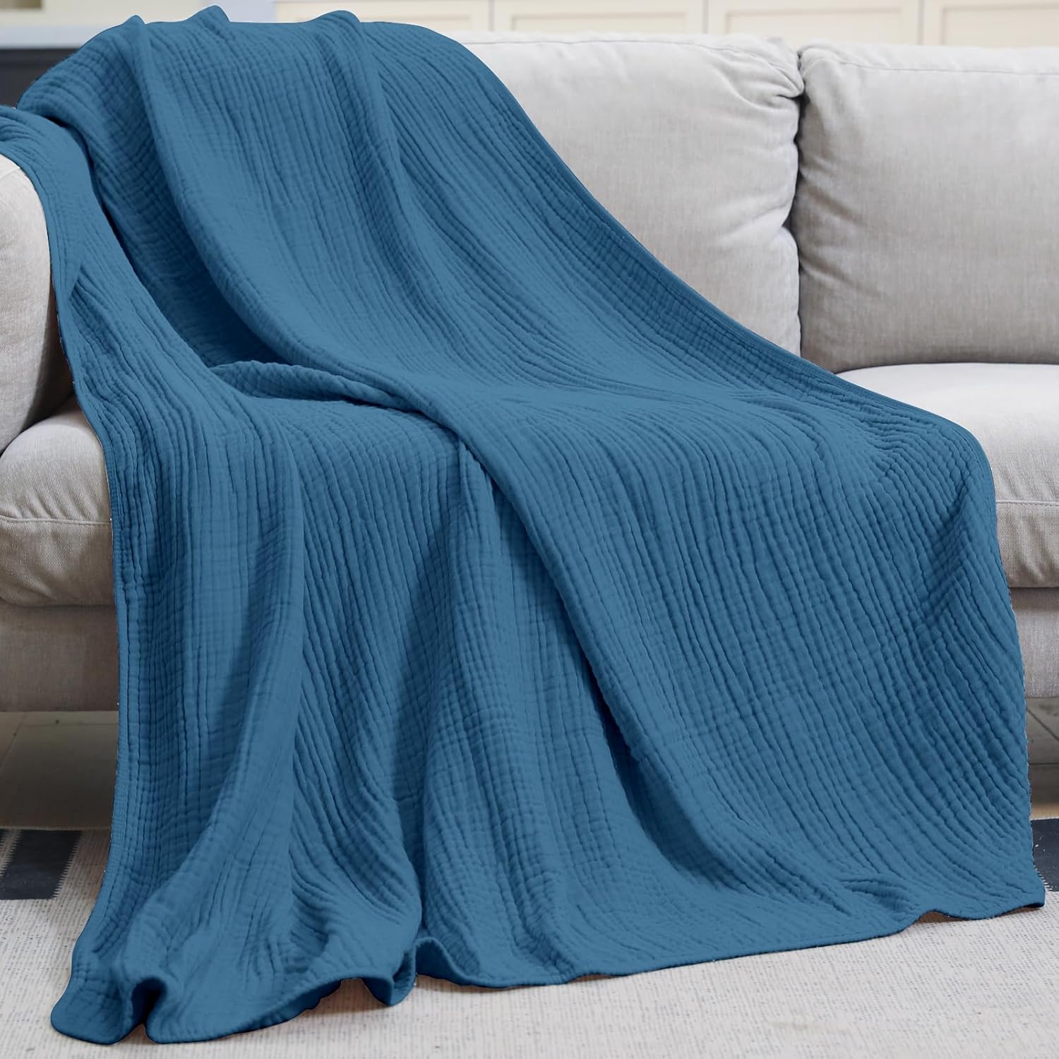 Yoofoss Muslin Blanket 100% Organic Cotton Large Twin Size 60" x 80" for Bed Couch Summer Gauze Blanket for Adults Lightweight and Breathable Dark Blue - Image 5