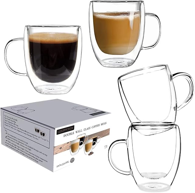 Set of 4 Double Walled Design Glass Tea Coffee Cup with Handles, Lightweight Insulated Double Walled Glasses Heat Resistant Cappuccino Latte Tea Drinking Thermo Mugs (4pcs 350ml)