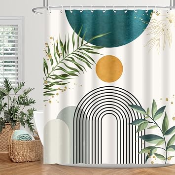 Green Mid Century Shower Curtain Boho Abstract Modern Sun Minimalist Aesthetic Arch Curve Leaves Bathroom Home Decor Waterproof Polyester Fabric 72Lx60W Inch with Hooks
